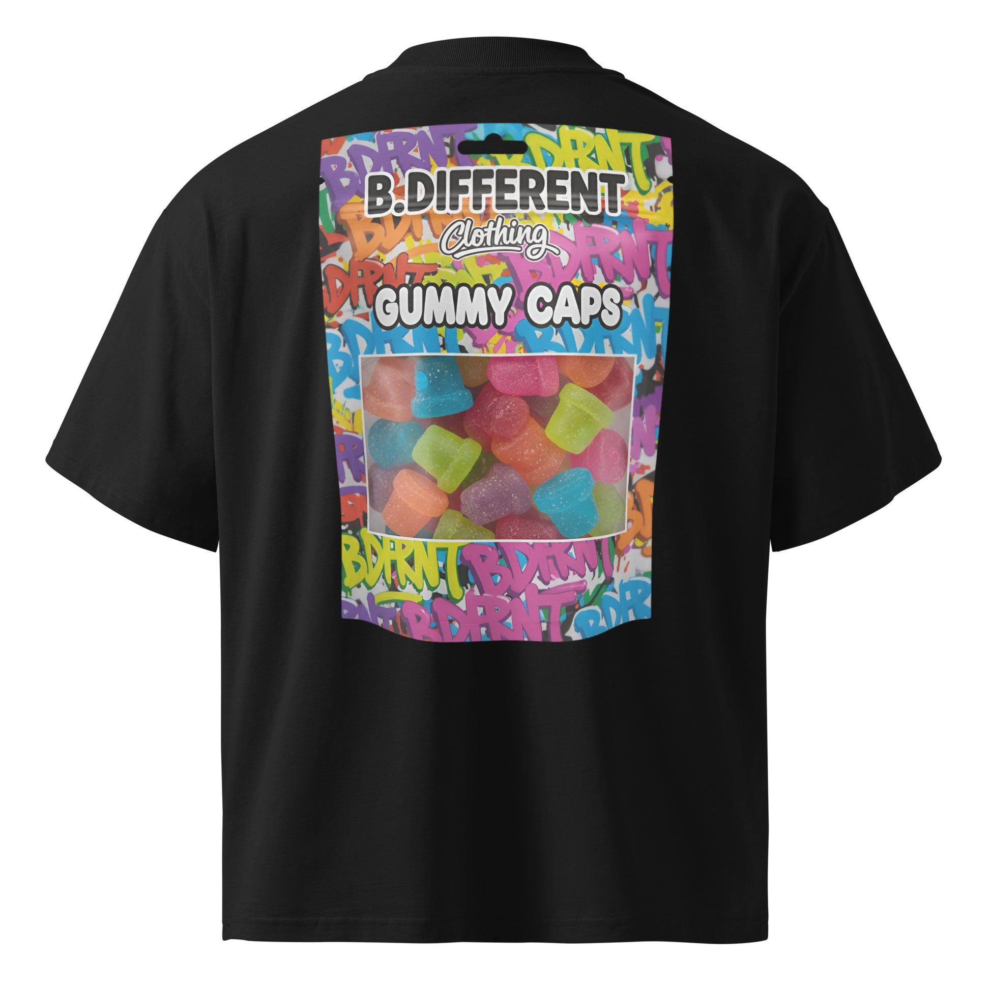 Black-Gummy Caps Graffiti Tee from B.Different Clothing, back view, graffiti-inspired streetwear, oversized heavyweight t-shirt
