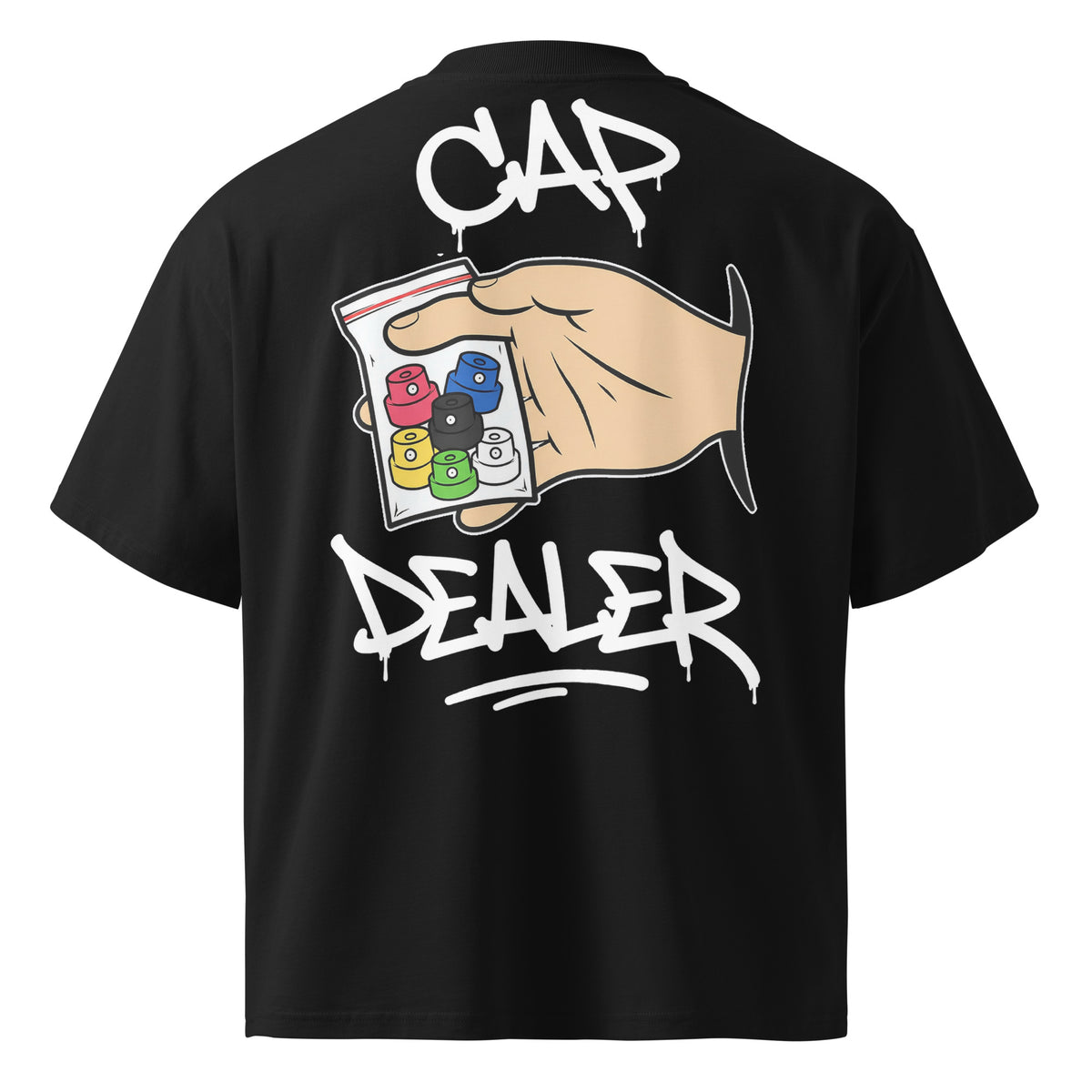 Black-Cap Dealer Graffiti Tee from B.Different Clothing, back view, graffiti-inspired streetwear