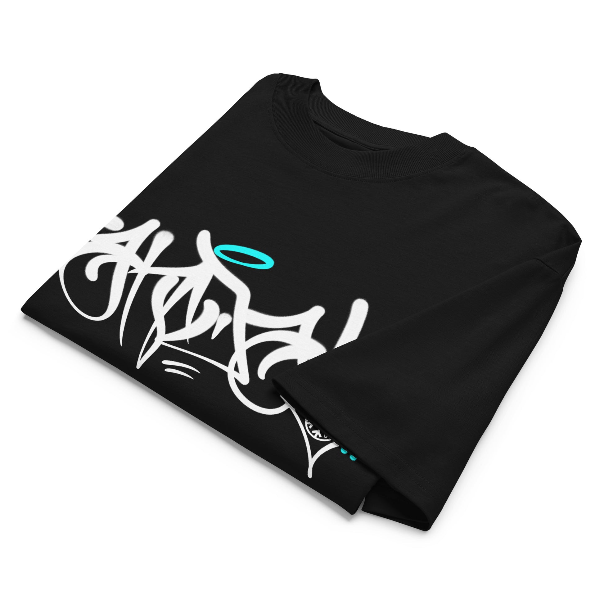 Black-Vandal Graffiti Tag Tee by Caos One from B.Different Clothing, folded, graffiti-inspired streetwear, oversized heavyweight t-shirt