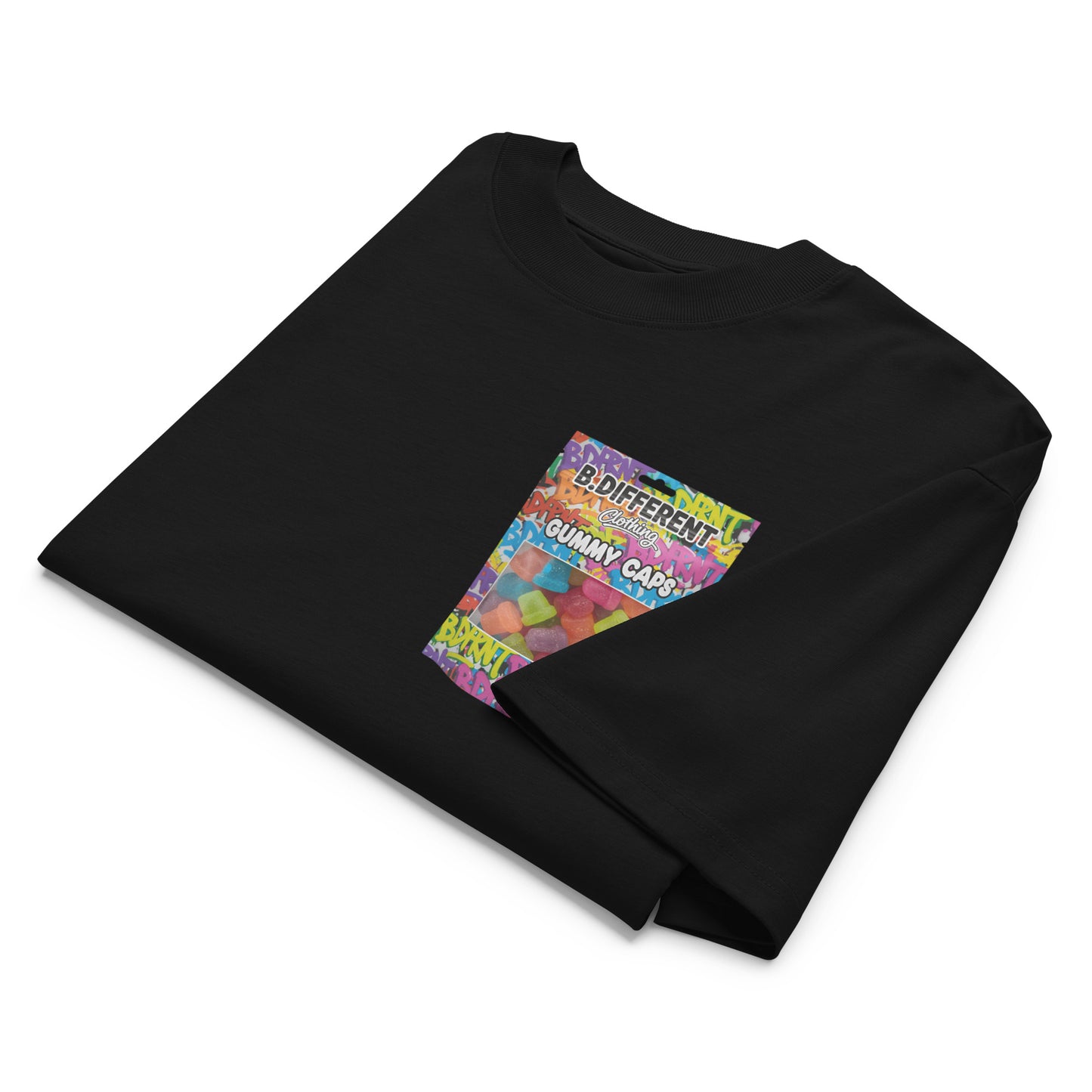 Black-Gummy Caps Graffiti Tee from B.Different Clothing, folded, graffiti-inspired streetwear, oversized heavyweight t-shirt