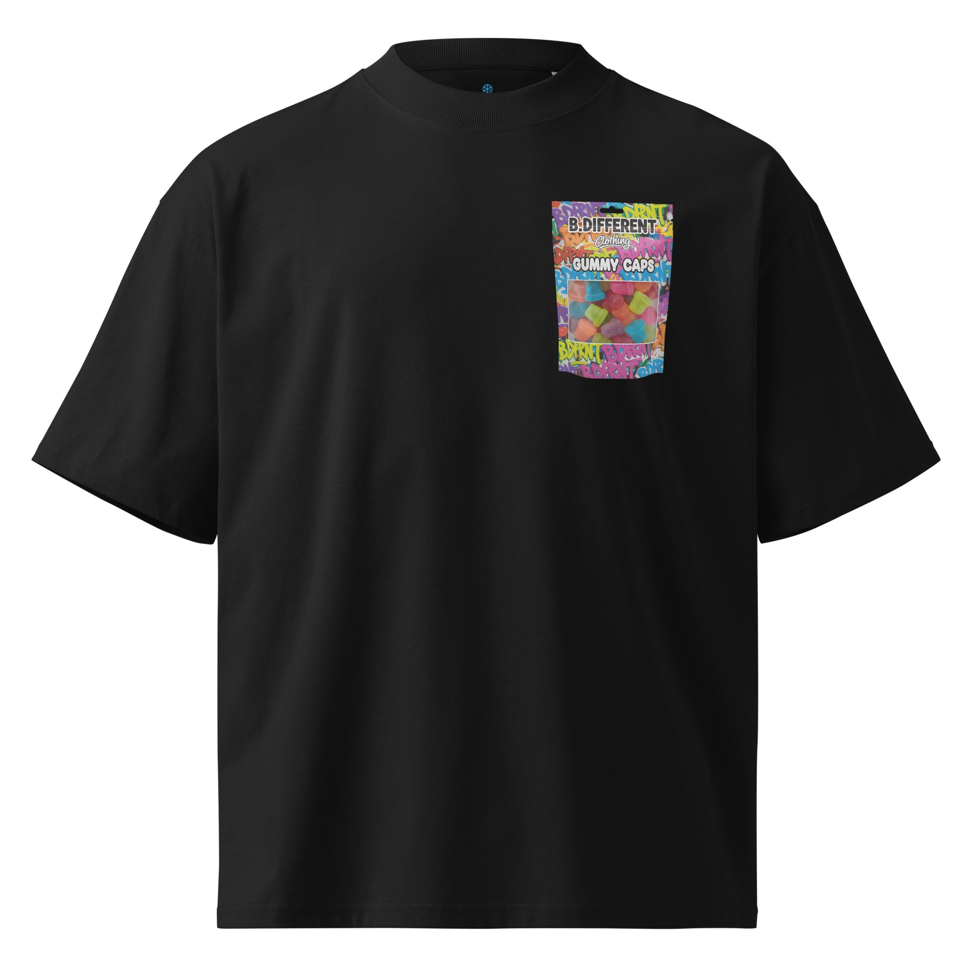 Black-Gummy Caps Graffiti Tee from B.Different Clothing, front view, graffiti-inspired streetwear, oversized heavyweight t-shirt