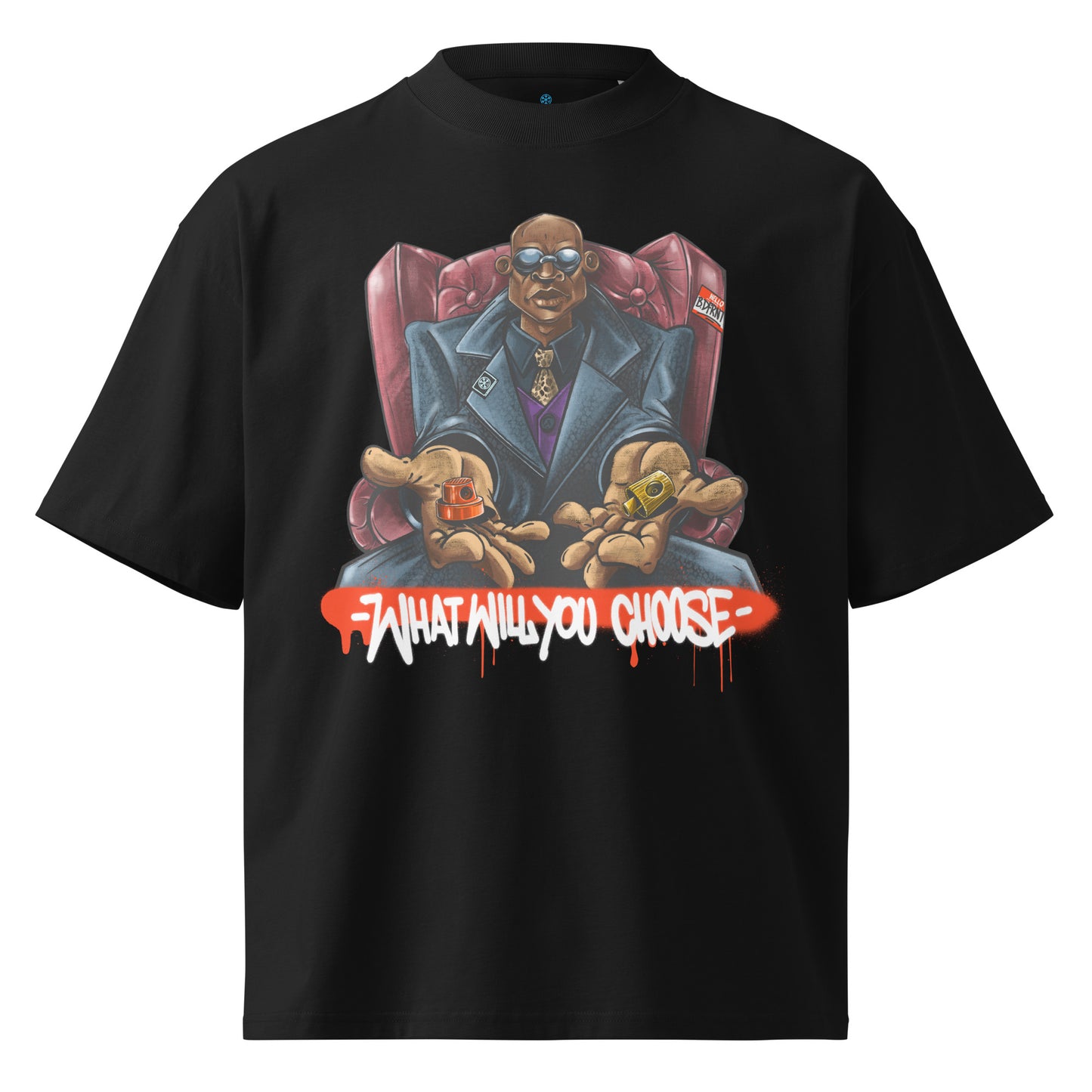 Black-Make Your Choice Graffiti Tee by Trk One from B.Different Clothing, front view, graffiti-inspired streetwear, oversized heavyweight t-shirt
