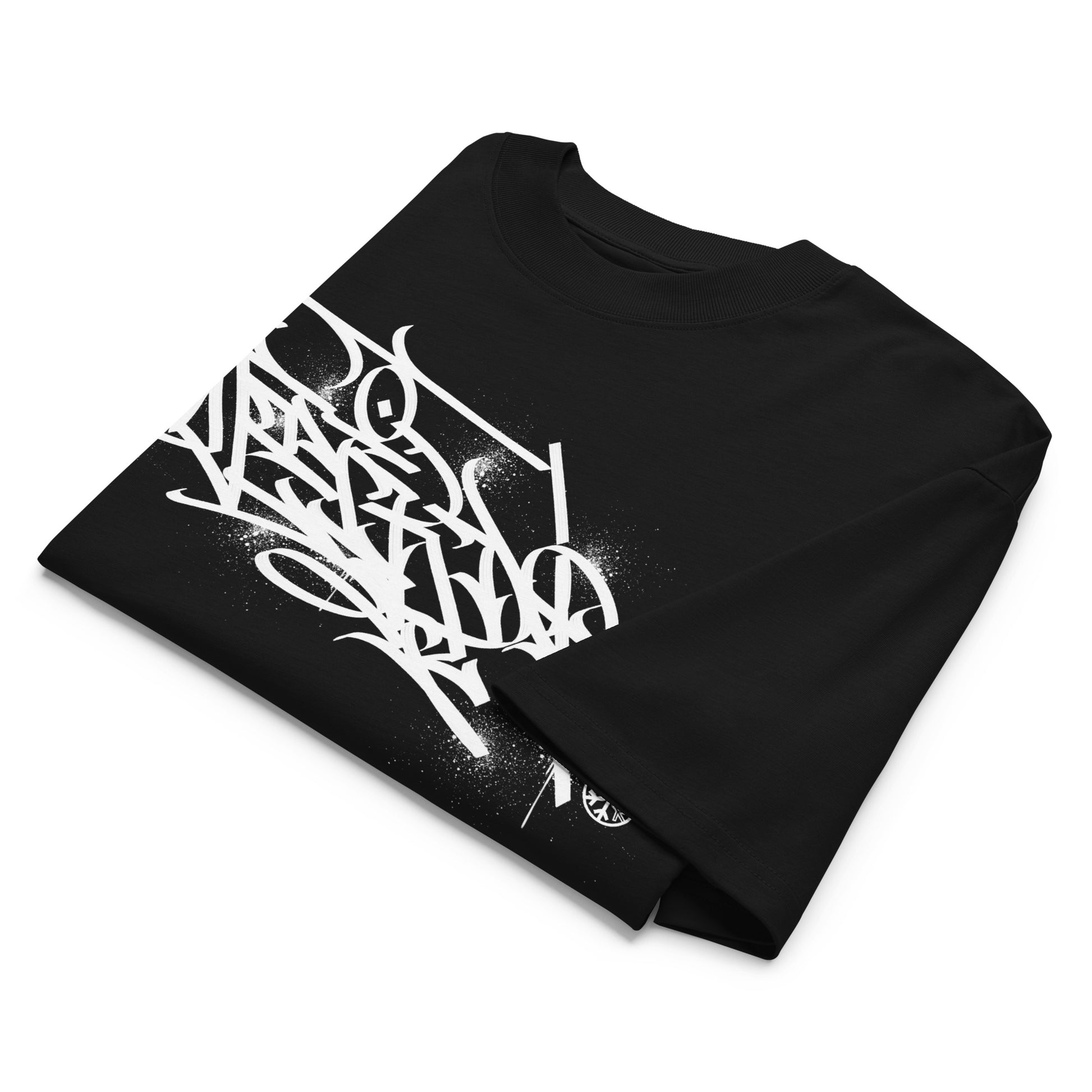 Black-Weirdo Graffiti Tag Tee by Shew from B.Different Clothing, folded, graffiti-inspired streetwear, oversized heavyweight t-shirt