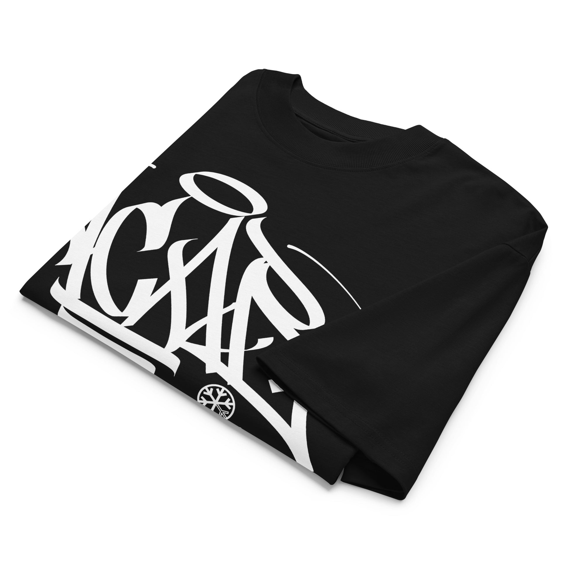 Black-Acab Graffiti Tag Tee by Caos One from B.Different Clothing, folded, graffiti-inspired streetwear, oversized heavyweight t-shirt