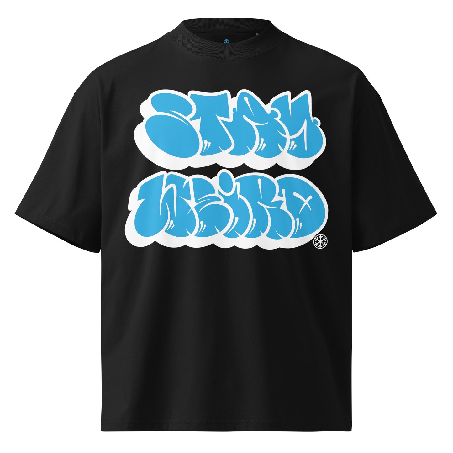Black-Stay Weird Graffiti Throwie Tee by Monsterinho from B.Different Clothing, front view, graffiti-inspired streetwear, oversized heavyweight t-shirt
