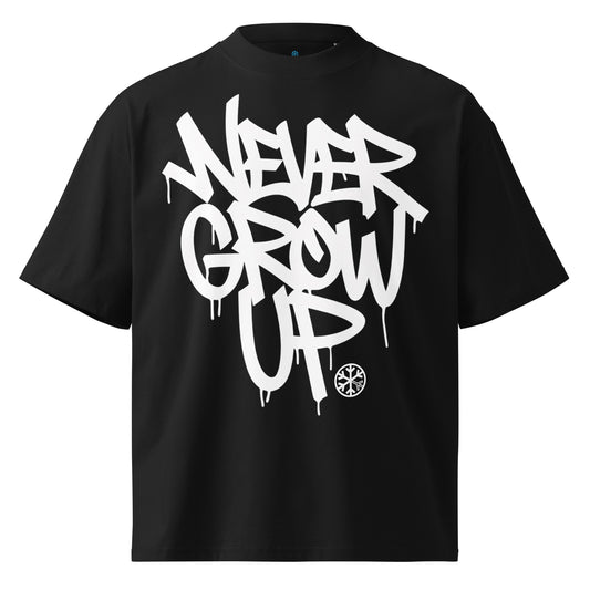 Black-Never Grow Up Graffiti Tee from B.Different Clothing, front view, graffiti-inspired streetwear
