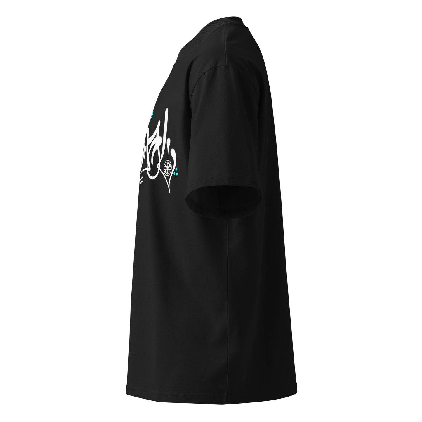 Black-Vandal Graffiti Tag Tee by Caos One from B.Different Clothing, left view, graffiti-inspired streetwear, oversized heavyweight t-shirt