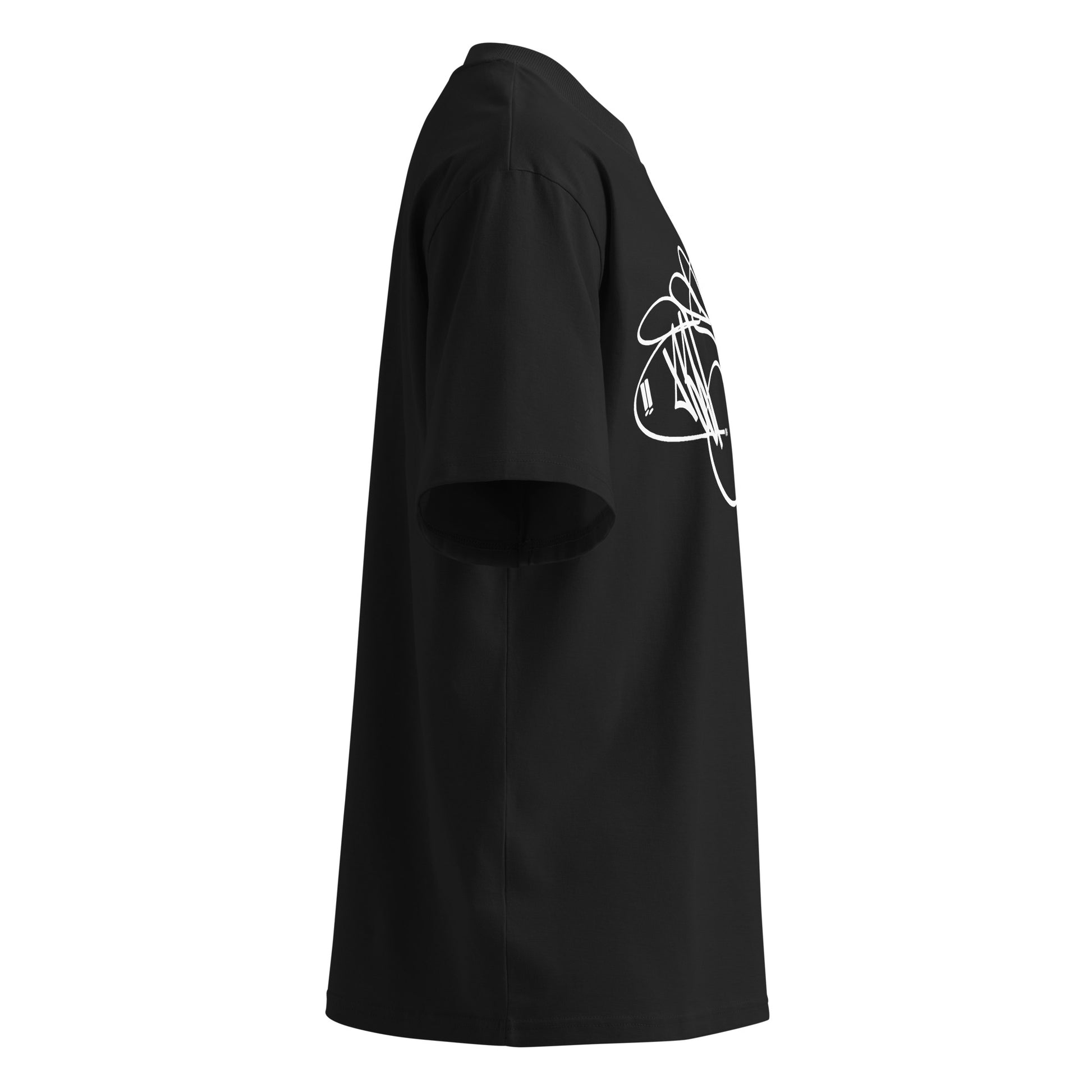 Black-Misfit Tag Tee by Graffiti Dad from B.Different Clothing, right view, graffiti-inspired streetwear, oversized heavyweight t-shirt