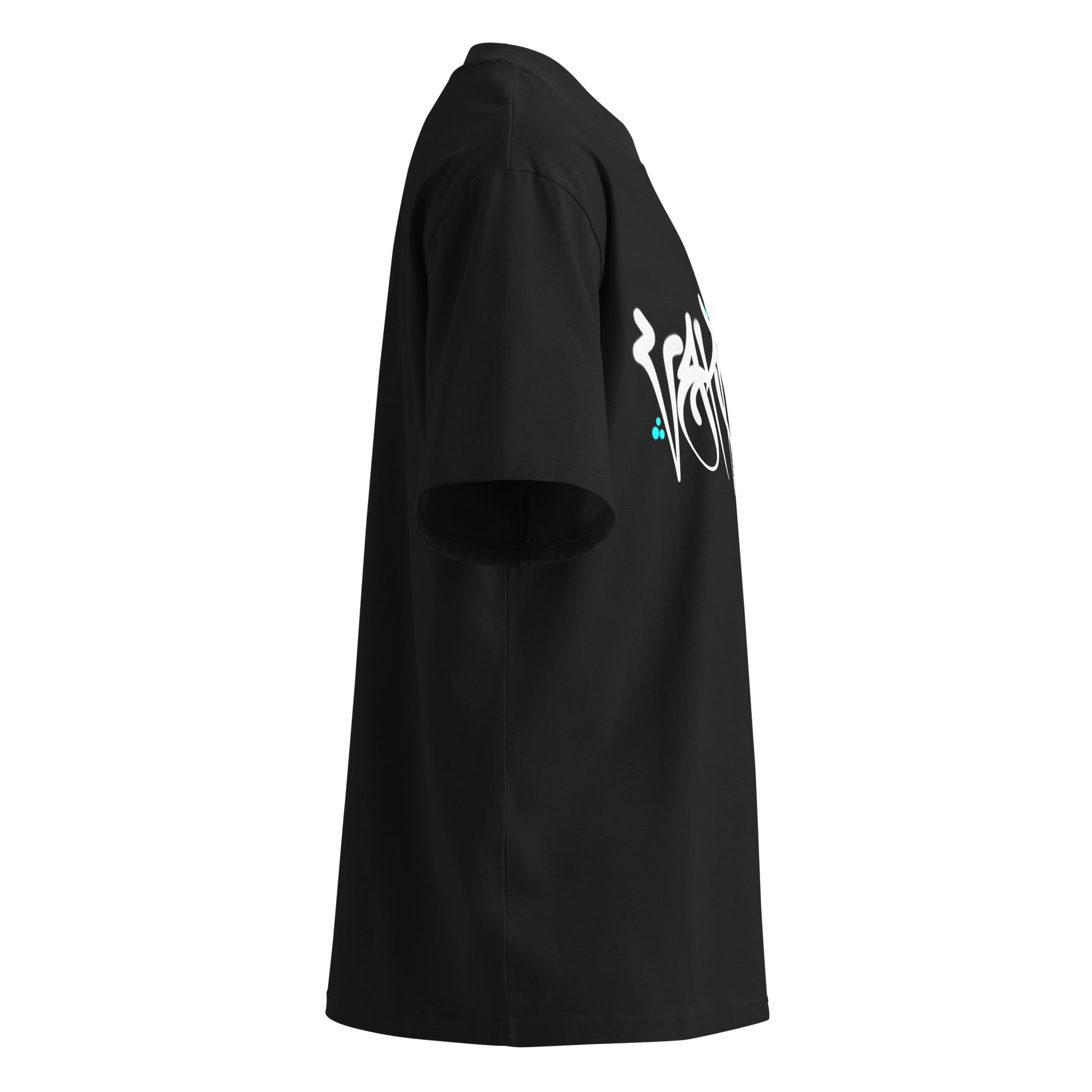 Black-Vandal Graffiti Tag Tee by Caos One from B.Different Clothing, right view, graffiti-inspired streetwear, oversized heavyweight t-shirt