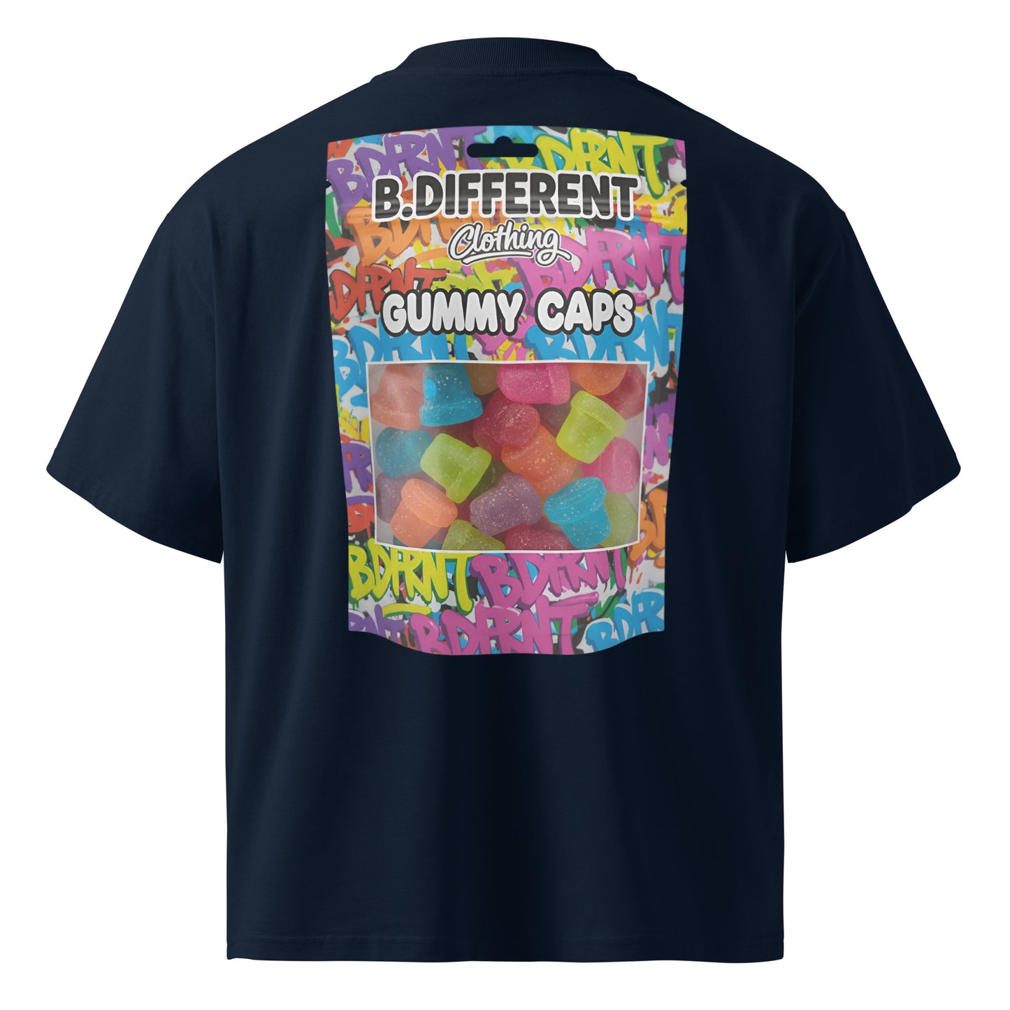 Navy-Gummy Caps Graffiti Tee from B.Different Clothing, back view, graffiti-inspired streetwear, oversized heavyweight t-shirt