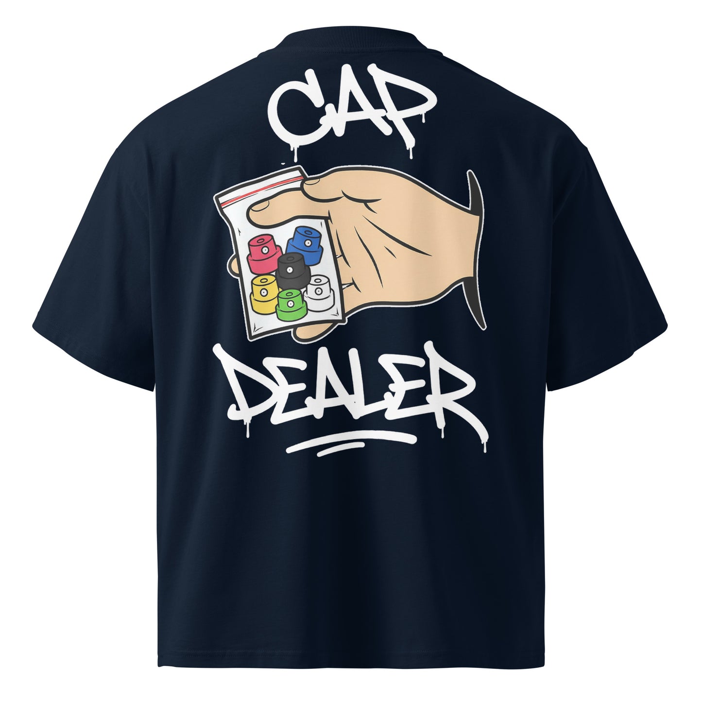 Navy-Cap Dealer Graffiti Tee from B.Different Clothing, back view, graffiti-inspired streetwear