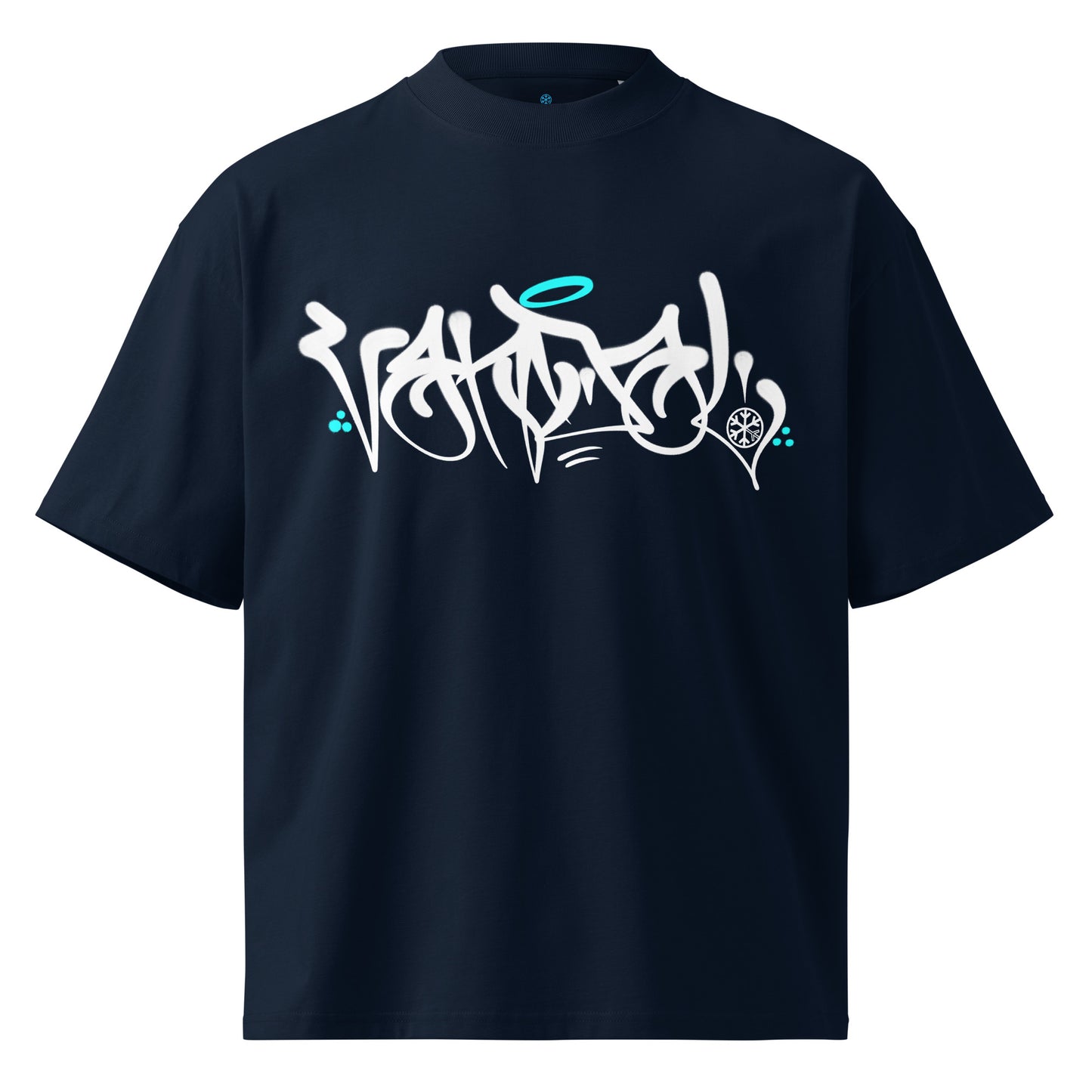 Navy-Vandal Graffiti Tag Tee by Caos One from B.Different Clothing, front view, graffiti-inspired streetwear, oversized heavyweight t-shirt