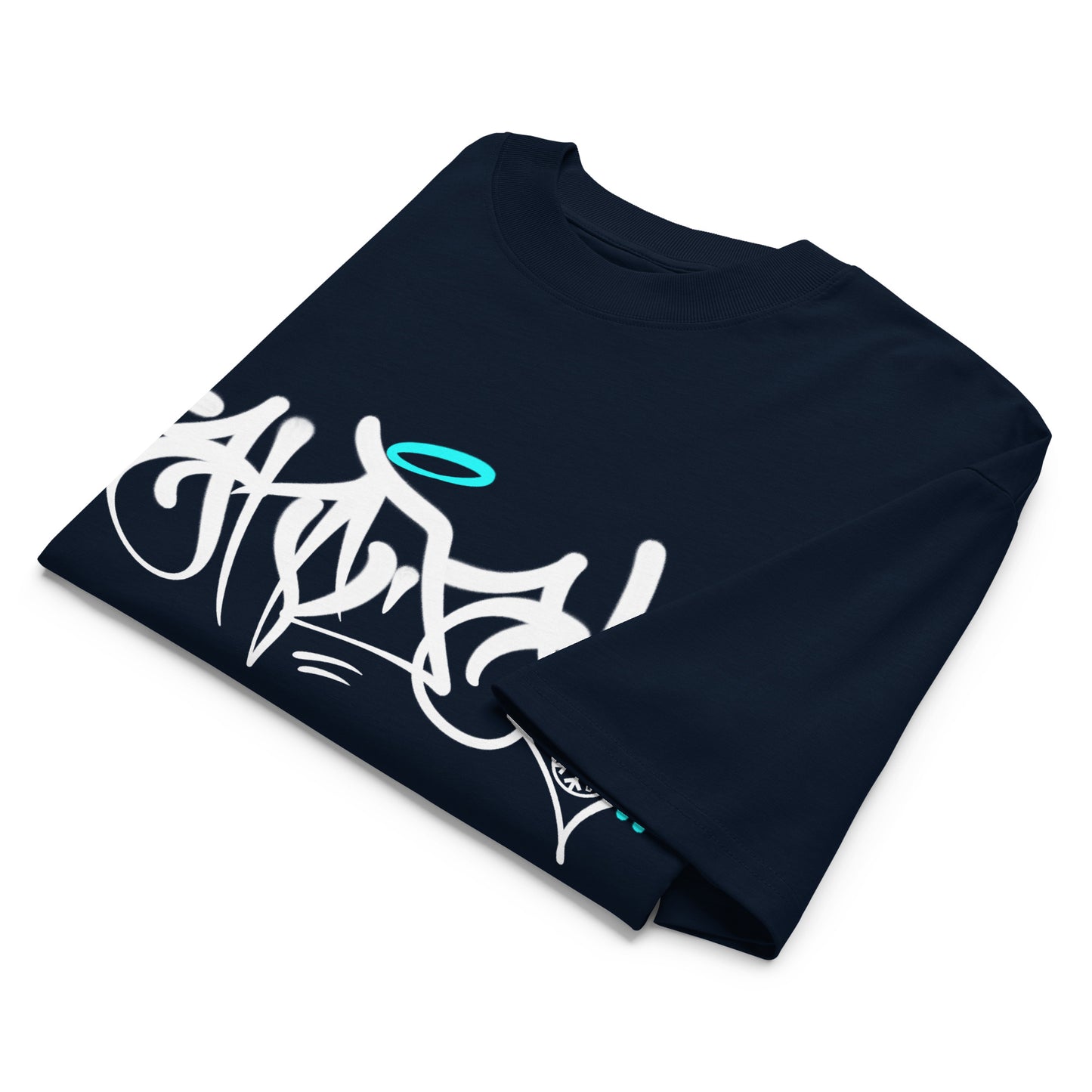 Navy-Vandal Graffiti Tag Tee by Caos One from B.Different Clothing, folded, graffiti-inspired streetwear, oversized heavyweight t-shirt