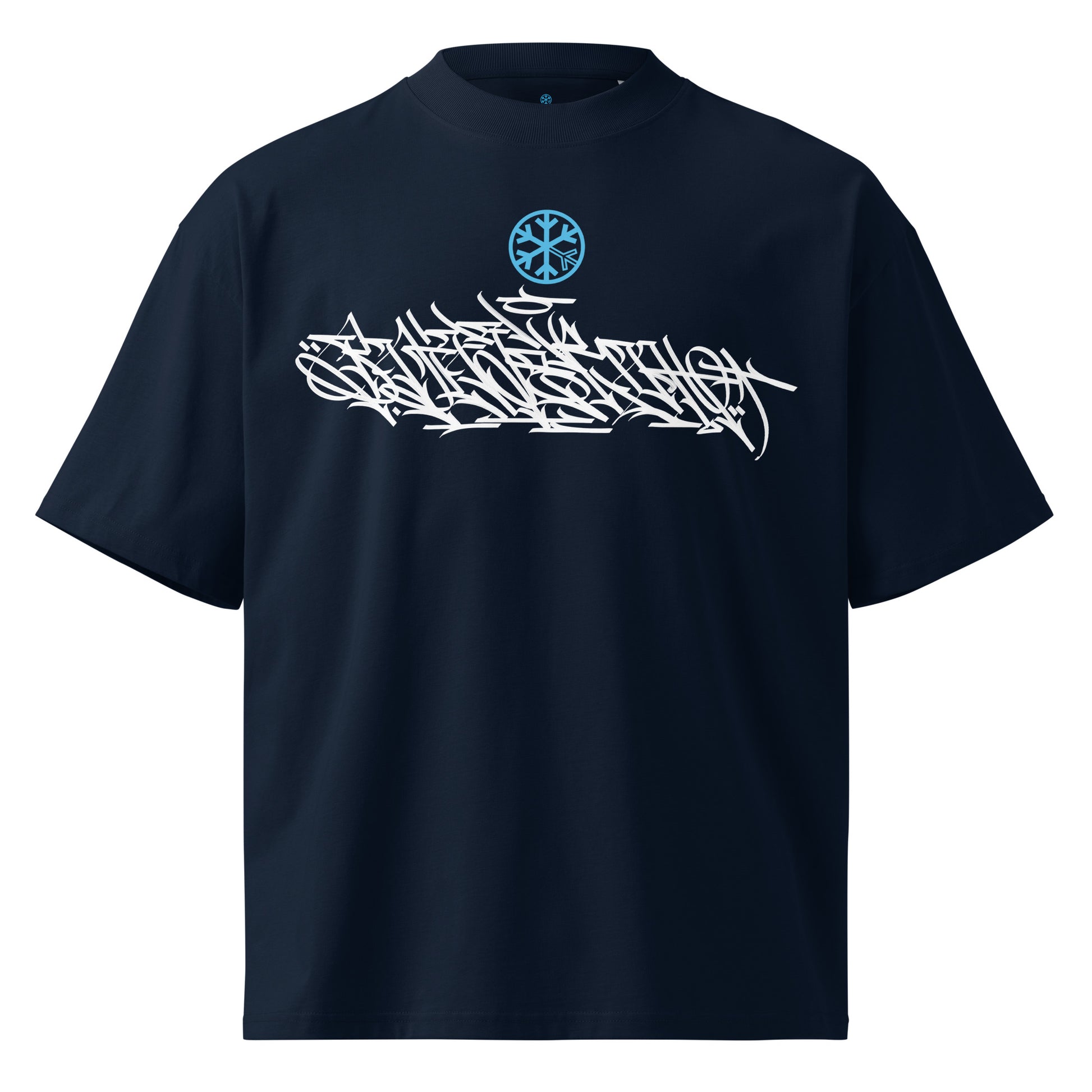 Navy-Shew Collab Graffiti Tee from B.Different Clothing, front view, graffiti-inspired streetwear, oversized heavyweight t-shirt