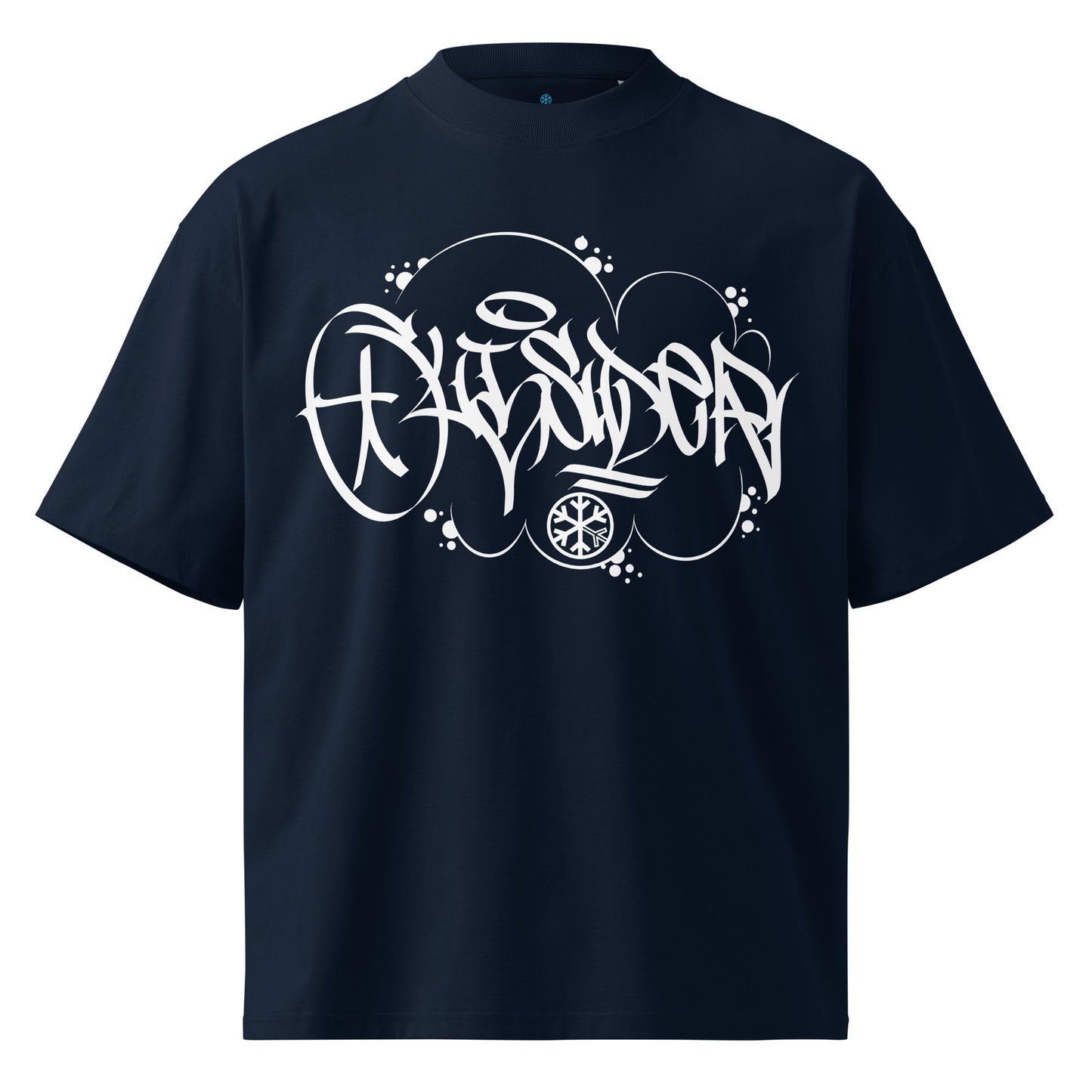 Navy-Outsider Graffiti Tag Tee by Caos One from B.Different Clothing, front view, graffiti-inspired streetwear, oversized heavyweight t-shirt