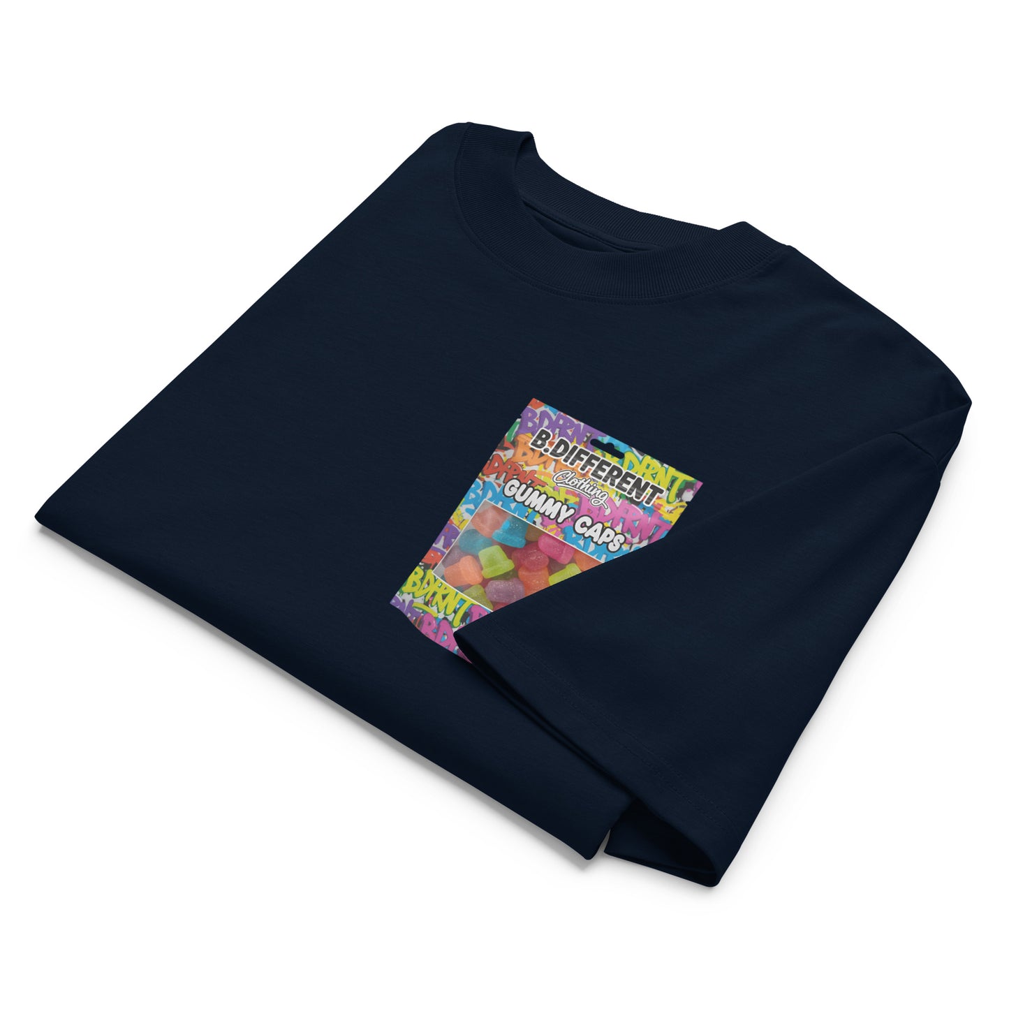 Navy-Gummy Caps Graffiti Tee from B.Different Clothing, folded, graffiti-inspired streetwear, oversized heavyweight t-shirt