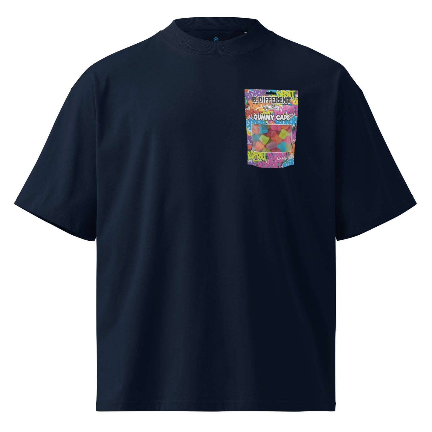 Navy-Gummy Caps Graffiti Tee from B.Different Clothing, front view, graffiti-inspired streetwear, oversized heavyweight t-shirt