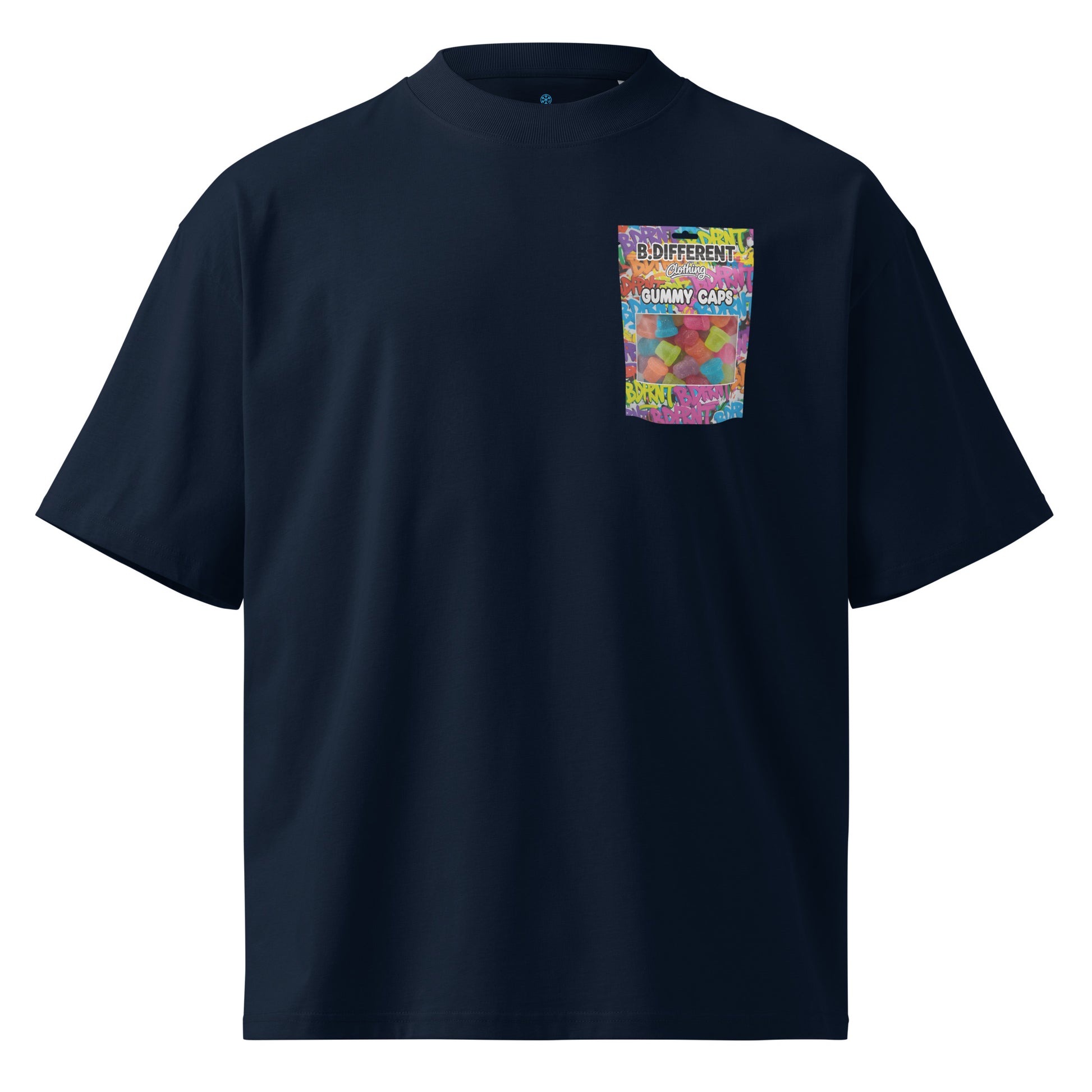 Navy-Gummy Caps Graffiti Tee from B.Different Clothing, front view, graffiti-inspired streetwear, oversized heavyweight t-shirt