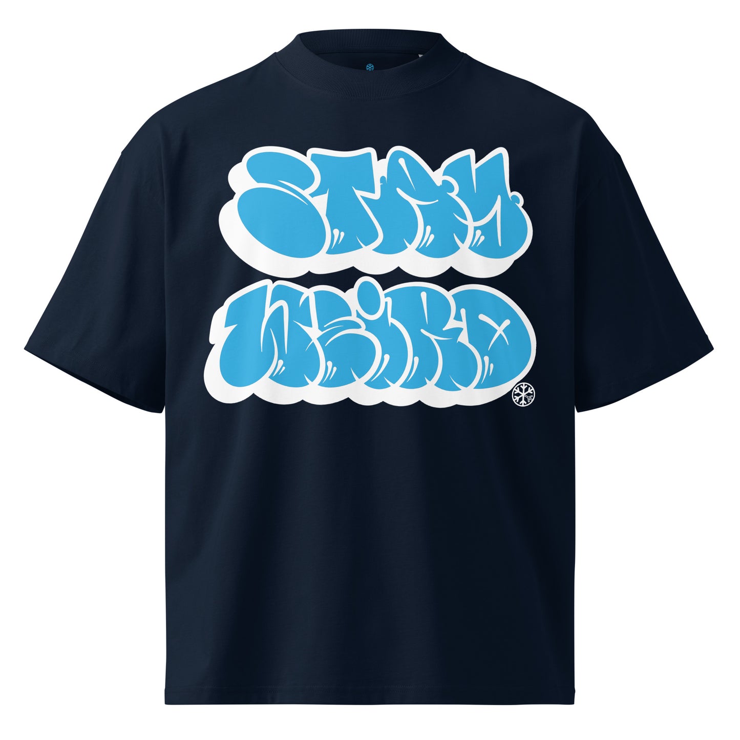 Navy-Stay Weird Graffiti Throwie Tee by Monsterinho from B.Different Clothing, front view, graffiti-inspired streetwear, oversized heavyweight t-shirt