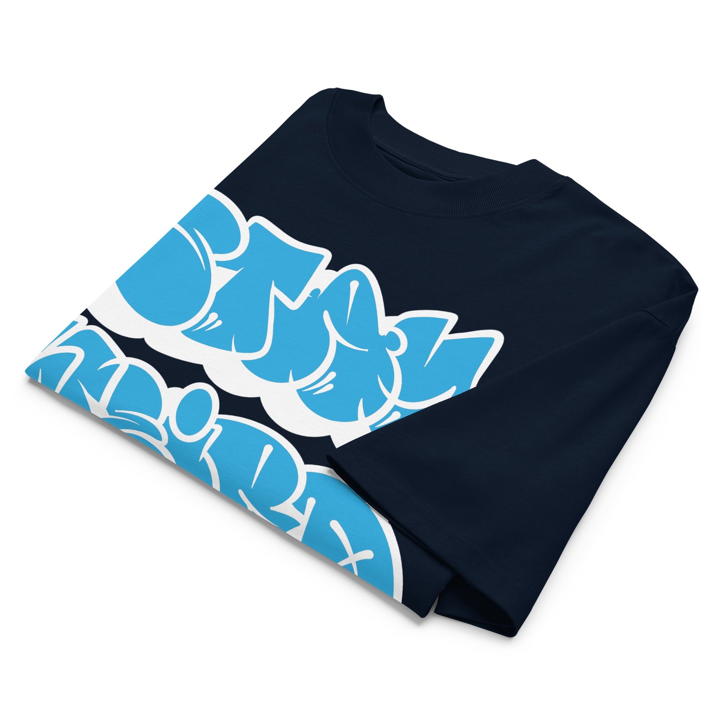 Navy-Stay Weird Graffiti Throwie Tee by Monsterinho from B.Different Clothing, folded, graffiti-inspired streetwear, oversized heavyweight t-shirt