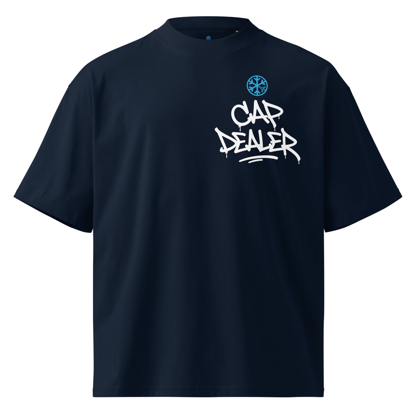 Navy-Cap Dealer Graffiti Tee from B.Different Clothing, front view, graffiti-inspired streetwear