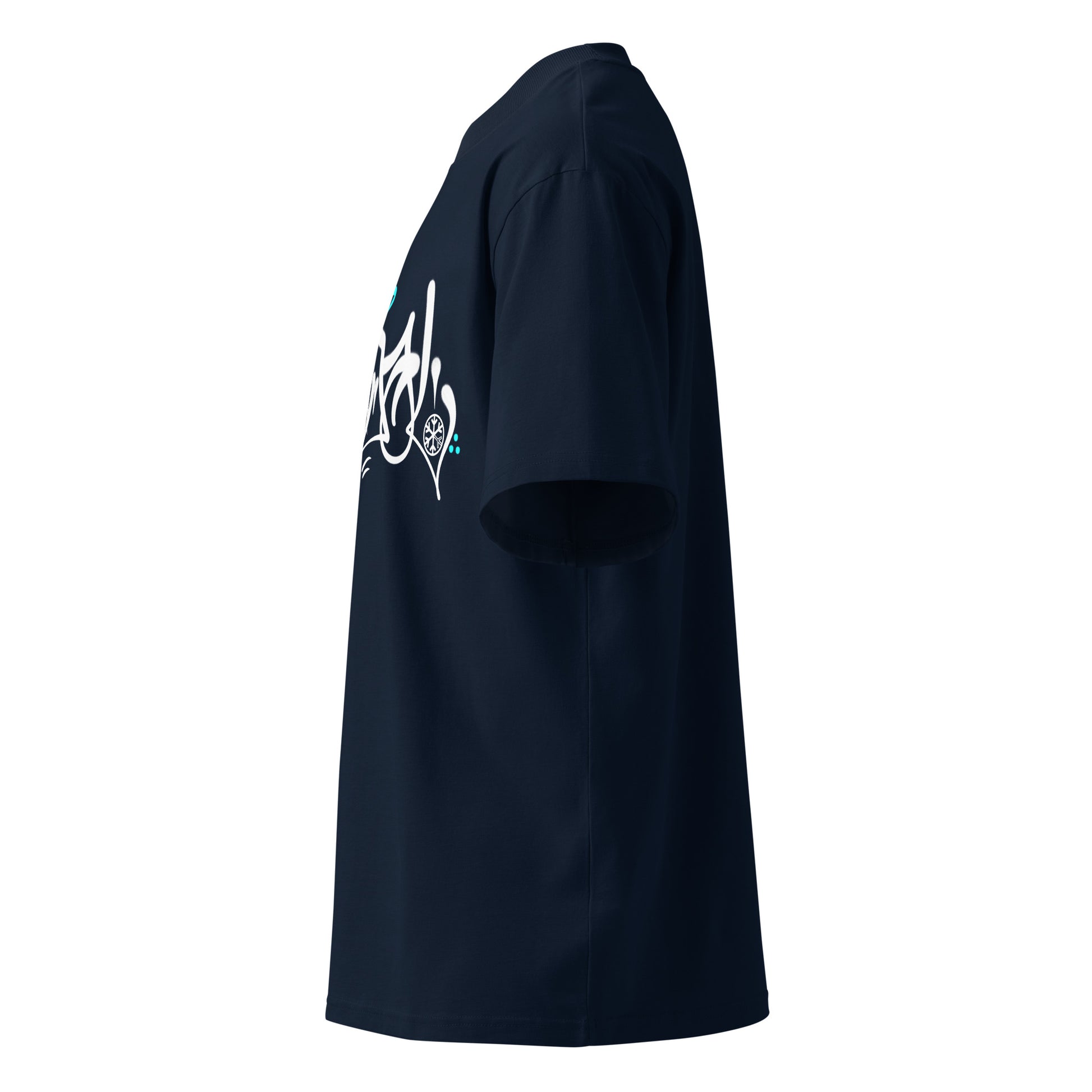 Navy-Vandal Graffiti Tag Tee by Caos One from B.Different Clothing, left view, graffiti-inspired streetwear, oversized heavyweight t-shirt