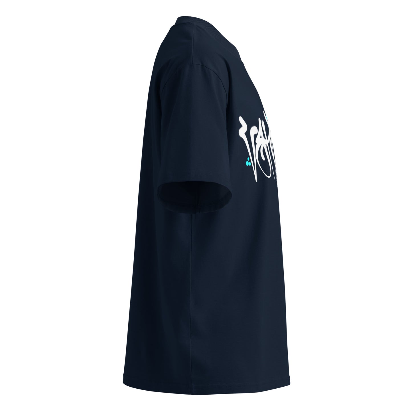 Navy-Vandal Graffiti Tag Tee by Caos One from B.Different Clothing, right view, graffiti-inspired streetwear, oversized heavyweight t-shirt