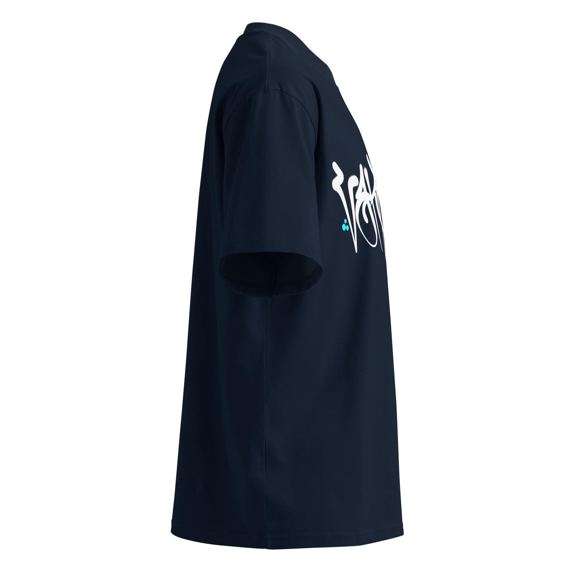 Navy-Vandal Graffiti Tag Tee by Caos One from B.Different Clothing, right view, graffiti-inspired streetwear, oversized heavyweight t-shirt