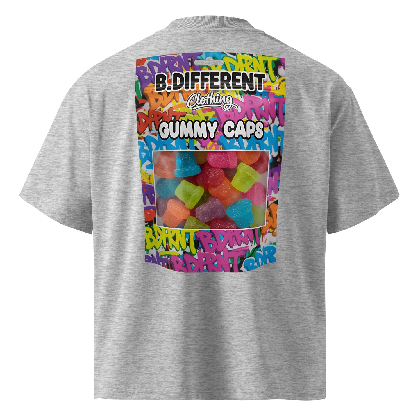 Gray-Gummy Caps Graffiti Tee from B.Different Clothing, back view, graffiti-inspired streetwear, oversized heavyweight t-shirt
