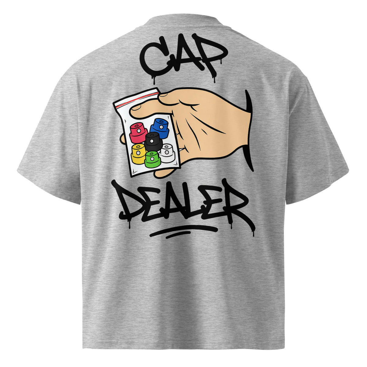 Gray-Cap Dealer Graffiti Tee from B.Different Clothing, back view, graffiti-inspired streetwear