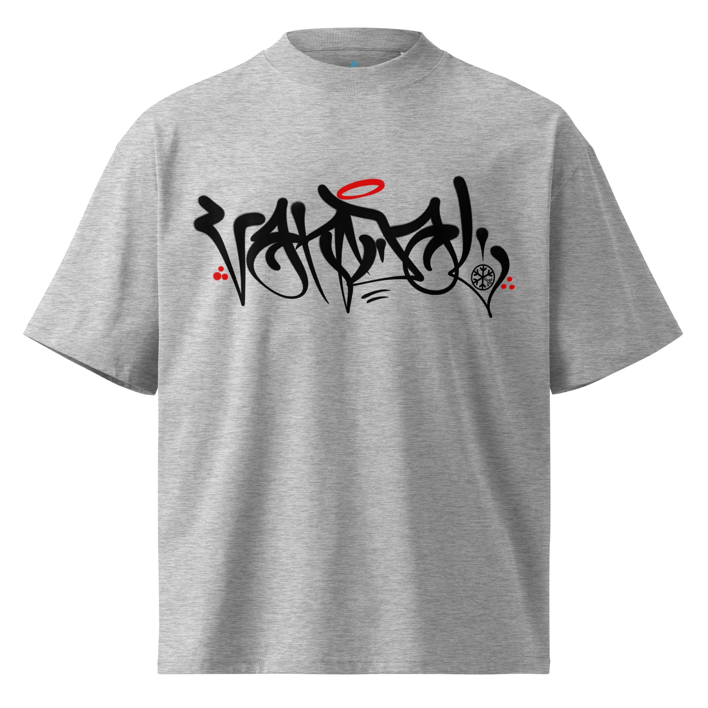 Gray-Vandal Graffiti Tag Tee by Caos One from B.Different Clothing, front view, graffiti-inspired streetwear, oversized heavyweight t-shirt