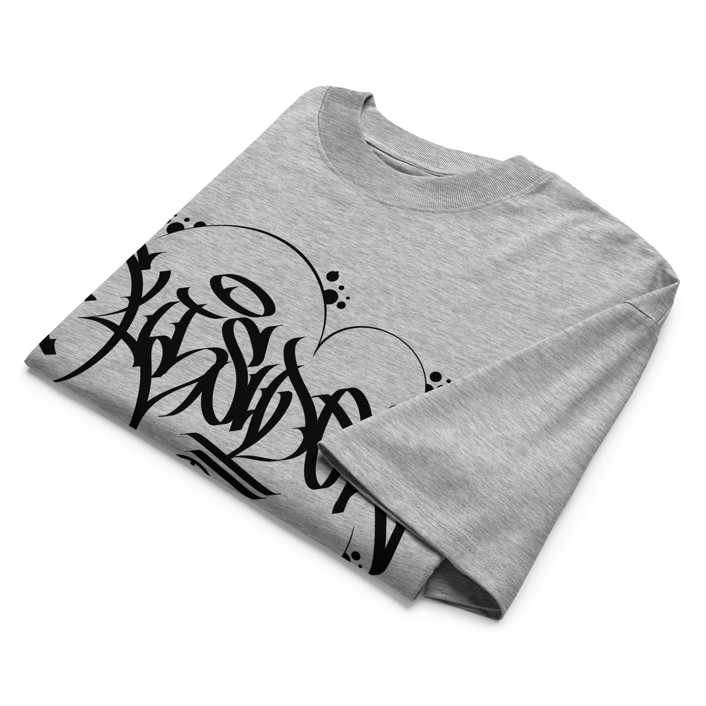 Gray-Outsider Graffiti Tag Tee by Caos One from B.Different Clothing, folded, graffiti-inspired streetwear, oversized heavyweight t-shirt