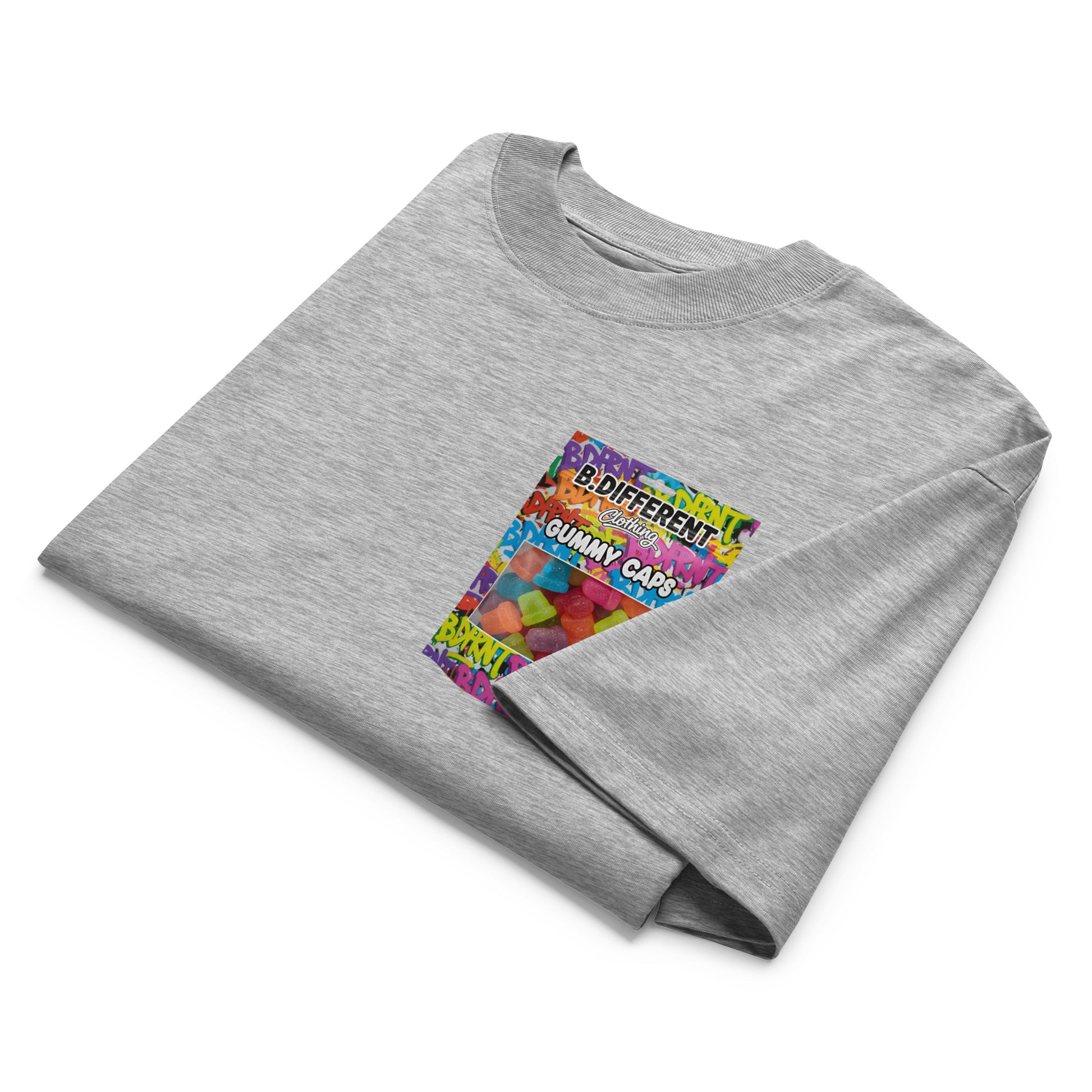 Gray-Gummy Caps Graffiti Tee from B.Different Clothing, folded, graffiti-inspired streetwear, oversized heavyweight t-shirt
