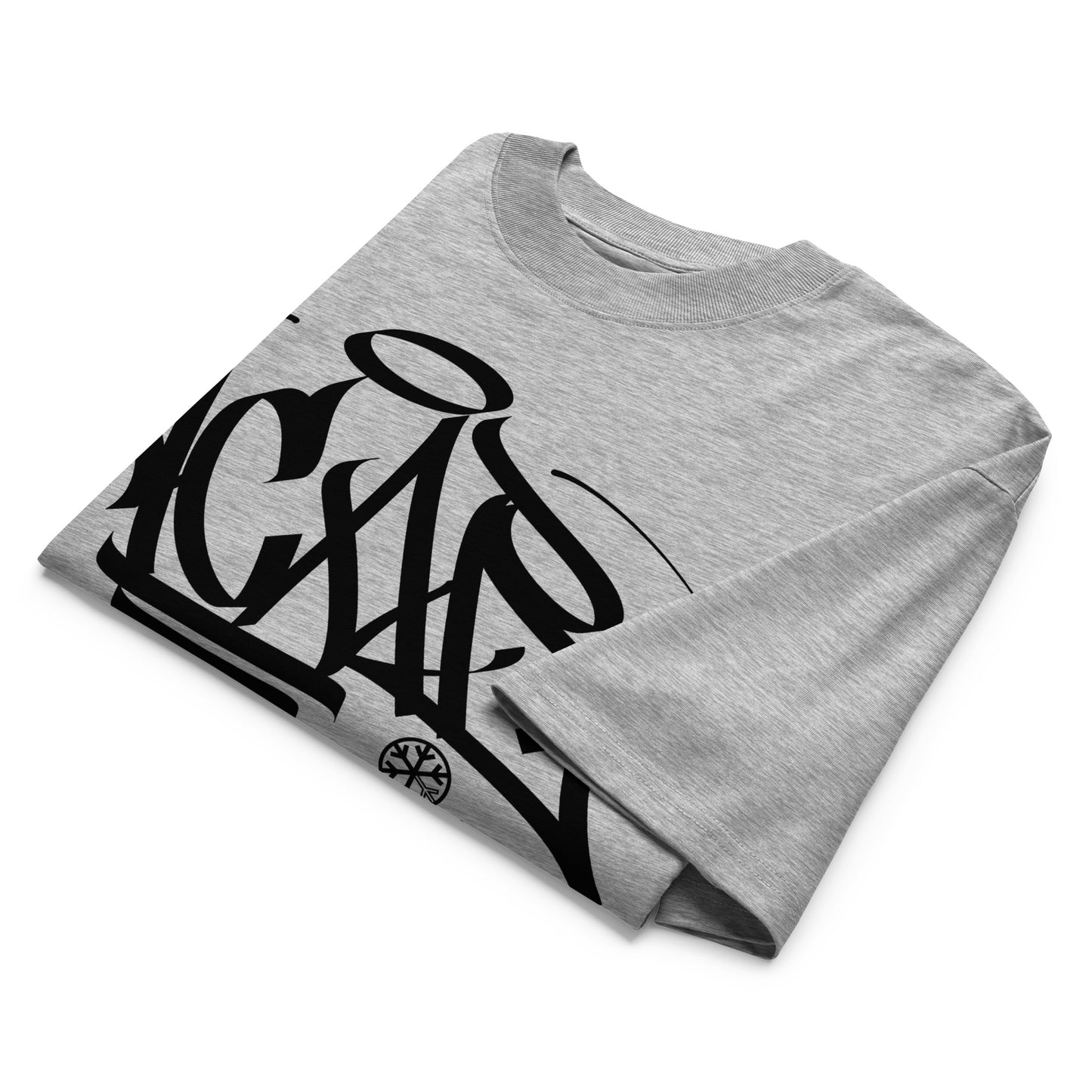 Gray-Acab Graffiti Tag Tee by Caos One from B.Different Clothing, folded, graffiti-inspired streetwear, oversized heavyweight t-shirt