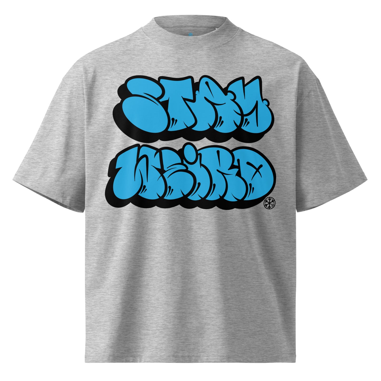 Gray-Stay Weird Graffiti Throwie Tee by Monsterinho from B.Different Clothing, front view, graffiti-inspired streetwear, oversized heavyweight t-shirt