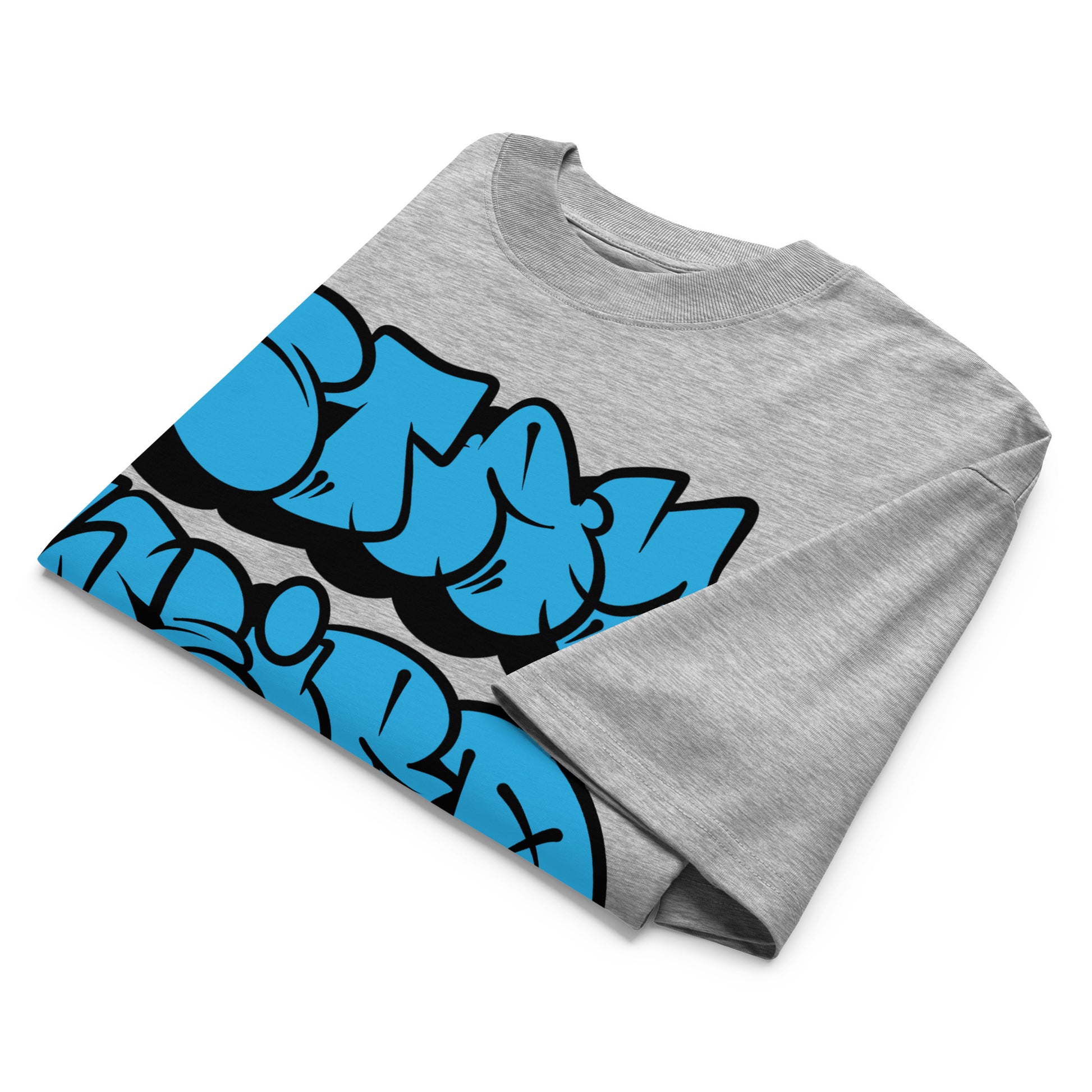Gray-Stay Weird Graffiti Throwie Tee by Monsterinho from B.Different Clothing, folded, graffiti-inspired streetwear, oversized heavyweight t-shirt