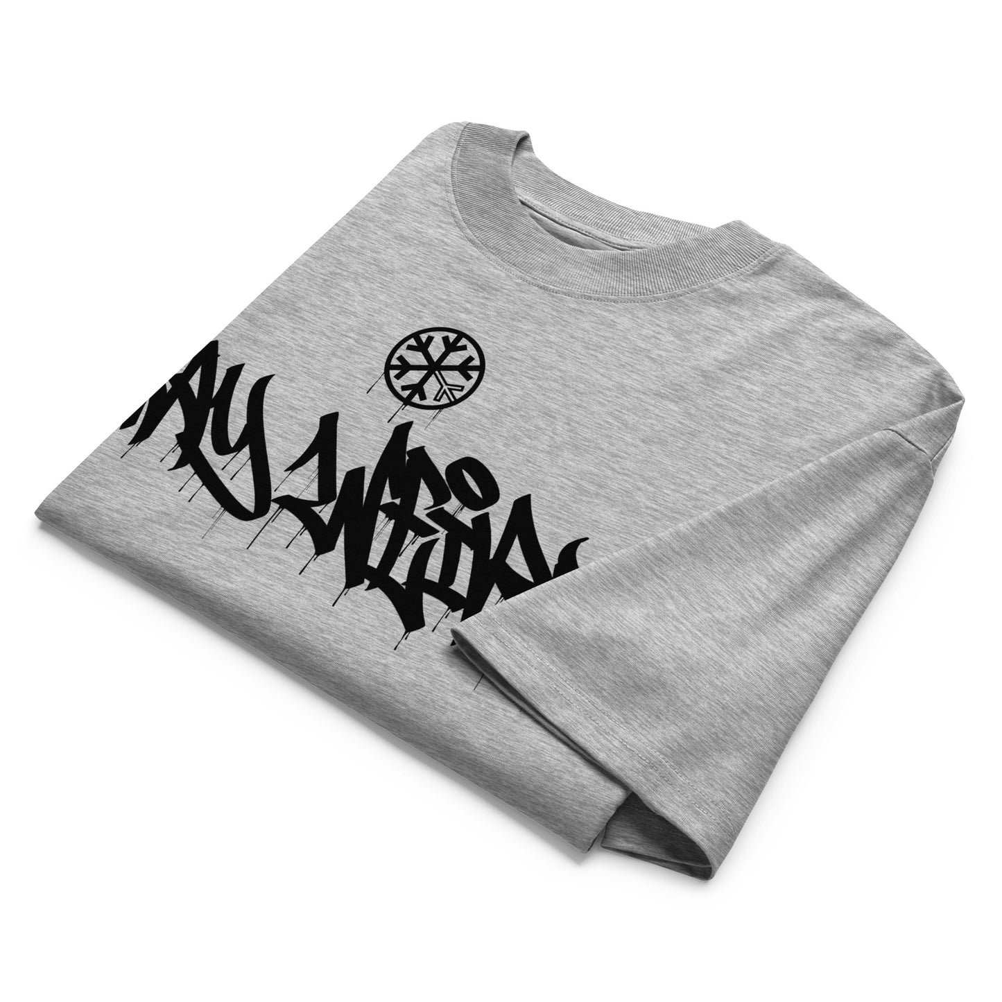 Gray-Stay Weird Graffiti Tag Tee by Monsterinho from B.Different Clothing, folded, graffiti-inspired streetwear, oversized heavyweight t-shirt