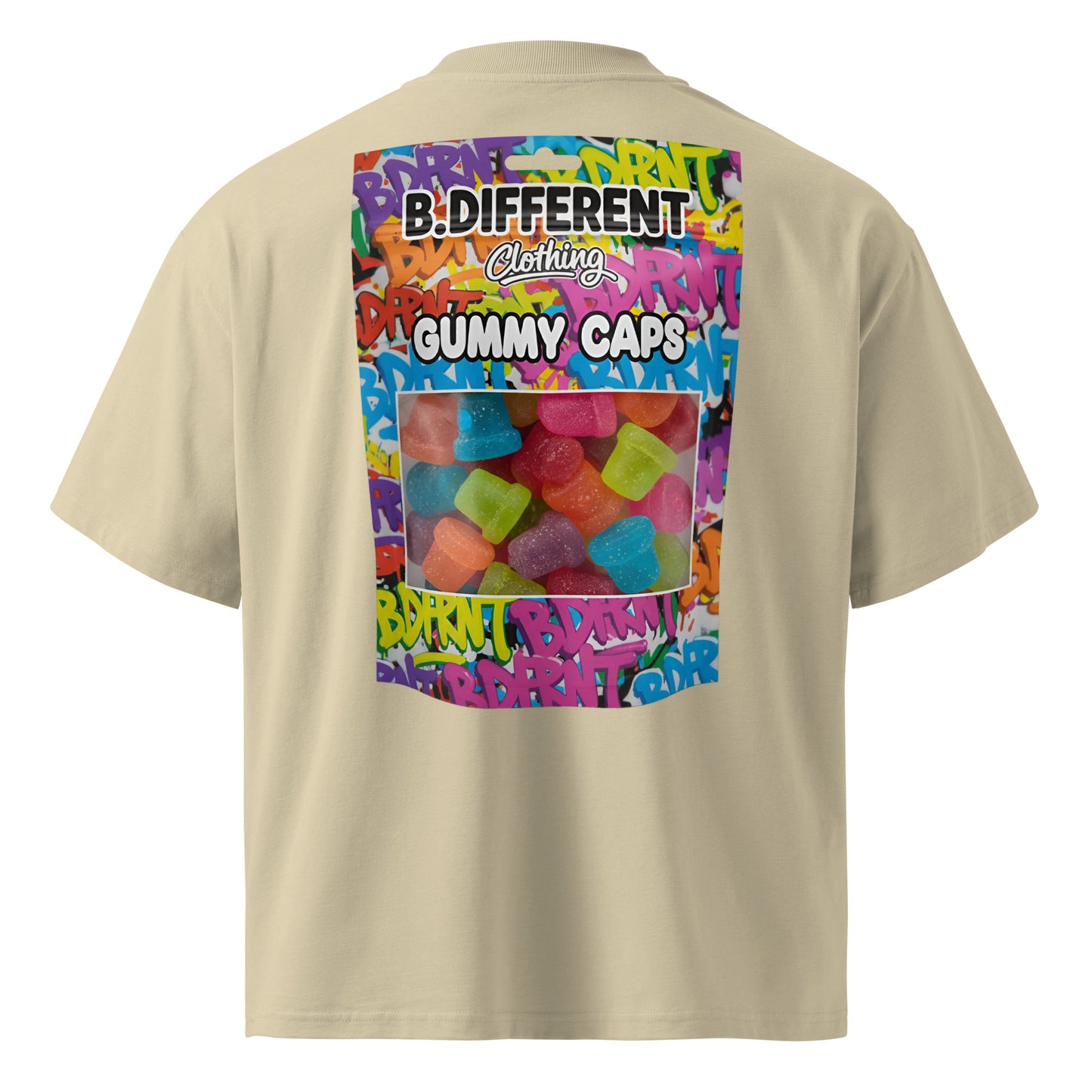 Beige-Gummy Caps Graffiti Tee from B.Different Clothing, back view, graffiti-inspired streetwear, oversized heavyweight t-shirt