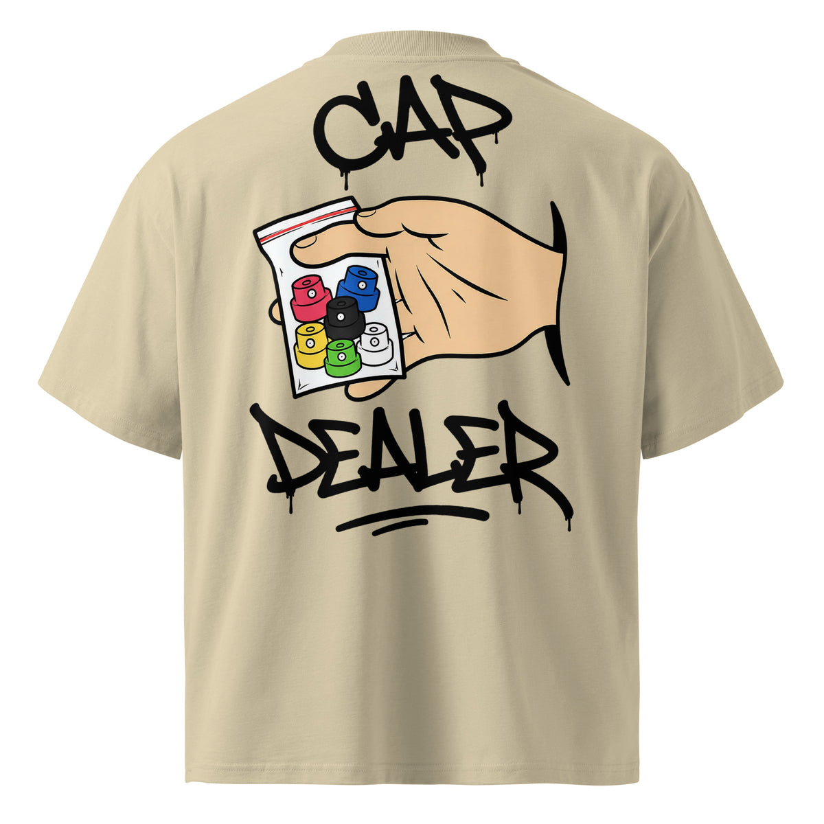 Beige-Cap Dealer Graffiti Tee from B.Different Clothing, back view, graffiti-inspired streetwear