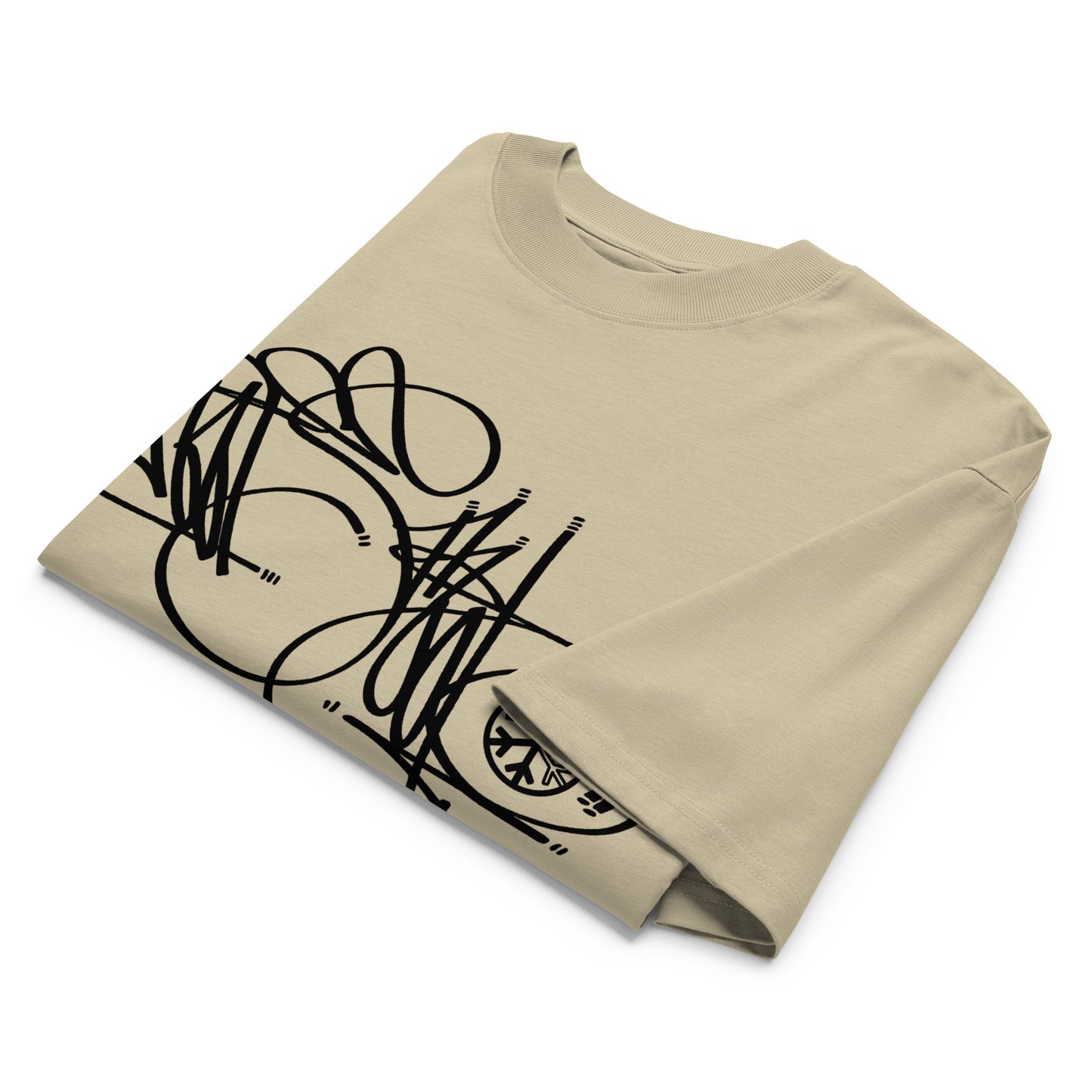 Beige-Misfit Tag Tee by Graffiti Dad from B.Different Clothing, folded, graffiti-inspired streetwear, oversized heavyweight t-shirt