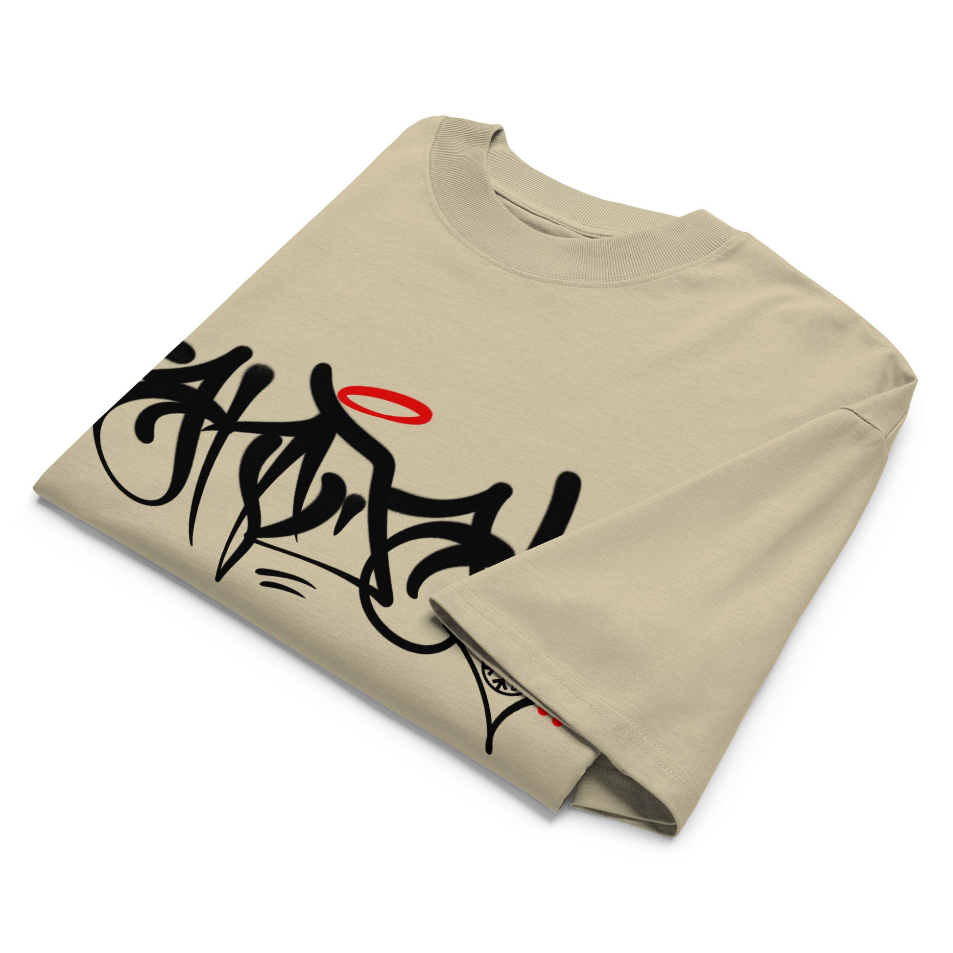 Beige-Vandal Graffiti Tag Tee by Caos One from B.Different Clothing, folded, graffiti-inspired streetwear, oversized heavyweight t-shirt