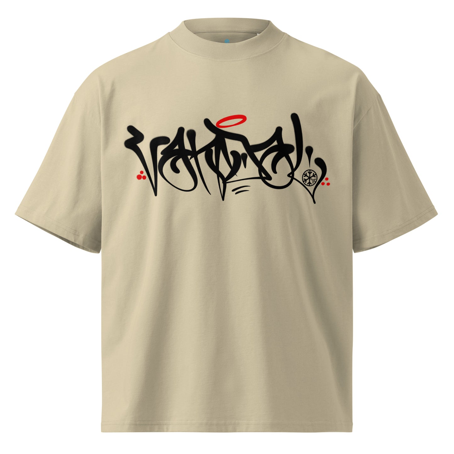 Beige-Vandal Graffiti Tag Tee by Caos One from B.Different Clothing, front view, graffiti-inspired streetwear, oversized heavyweight t-shirt