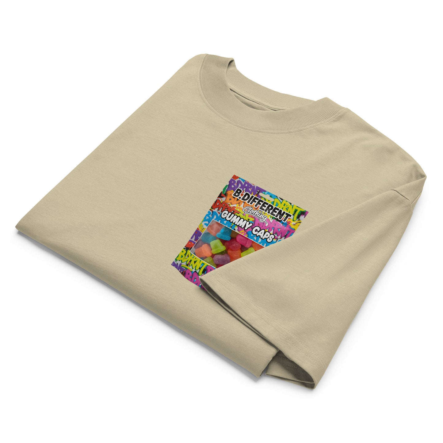 Beige-Gummy Caps Graffiti Tee from B.Different Clothing, folded, graffiti-inspired streetwear, oversized heavyweight t-shirt