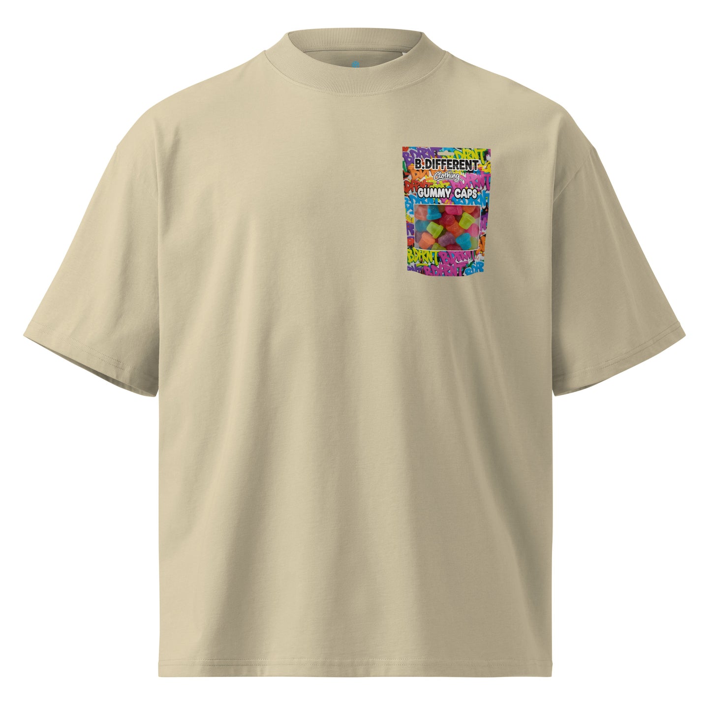 Beige-Gummy Caps Graffiti Tee from B.Different Clothing, front view, graffiti-inspired streetwear, oversized heavyweight t-shirt