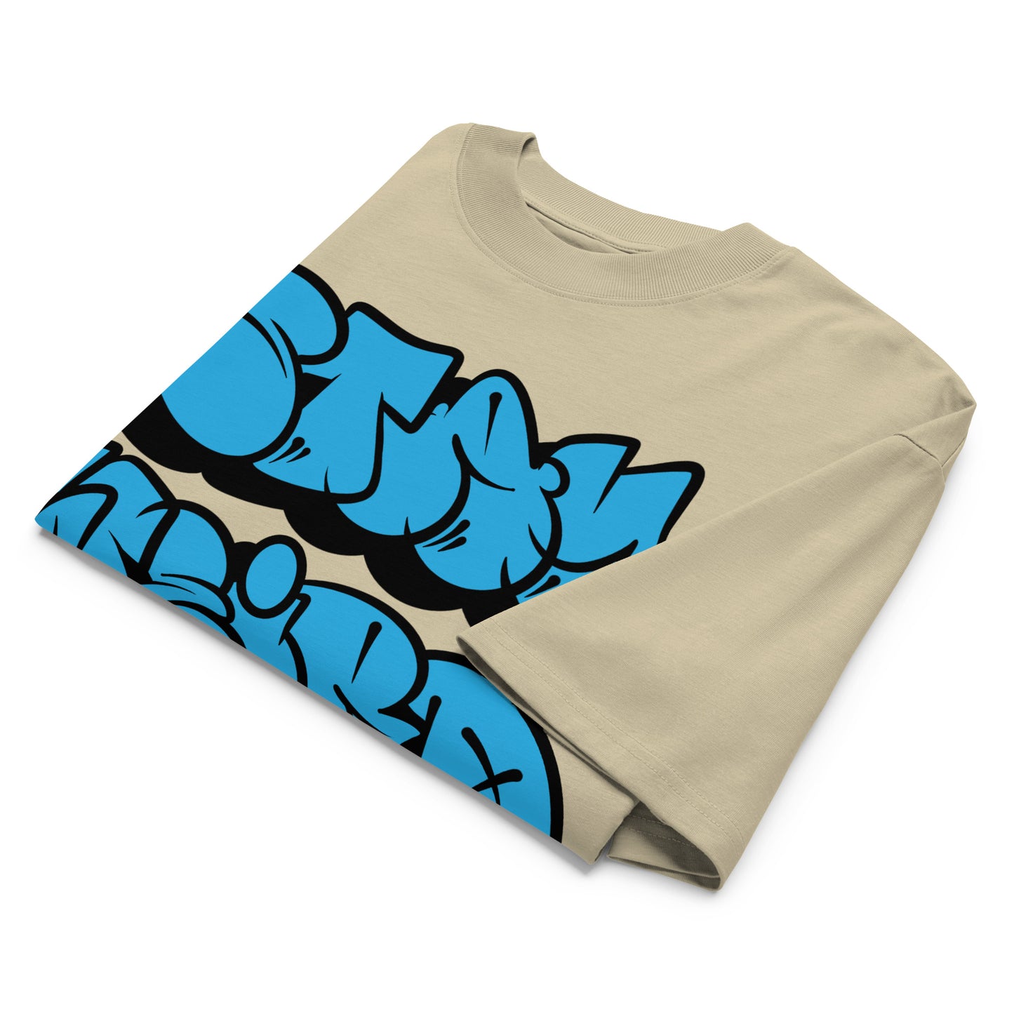 Beige-Stay Weird Graffiti Throwie Tee by Monsterinho from B.Different Clothing, folded, graffiti-inspired streetwear, oversized heavyweight t-shirt