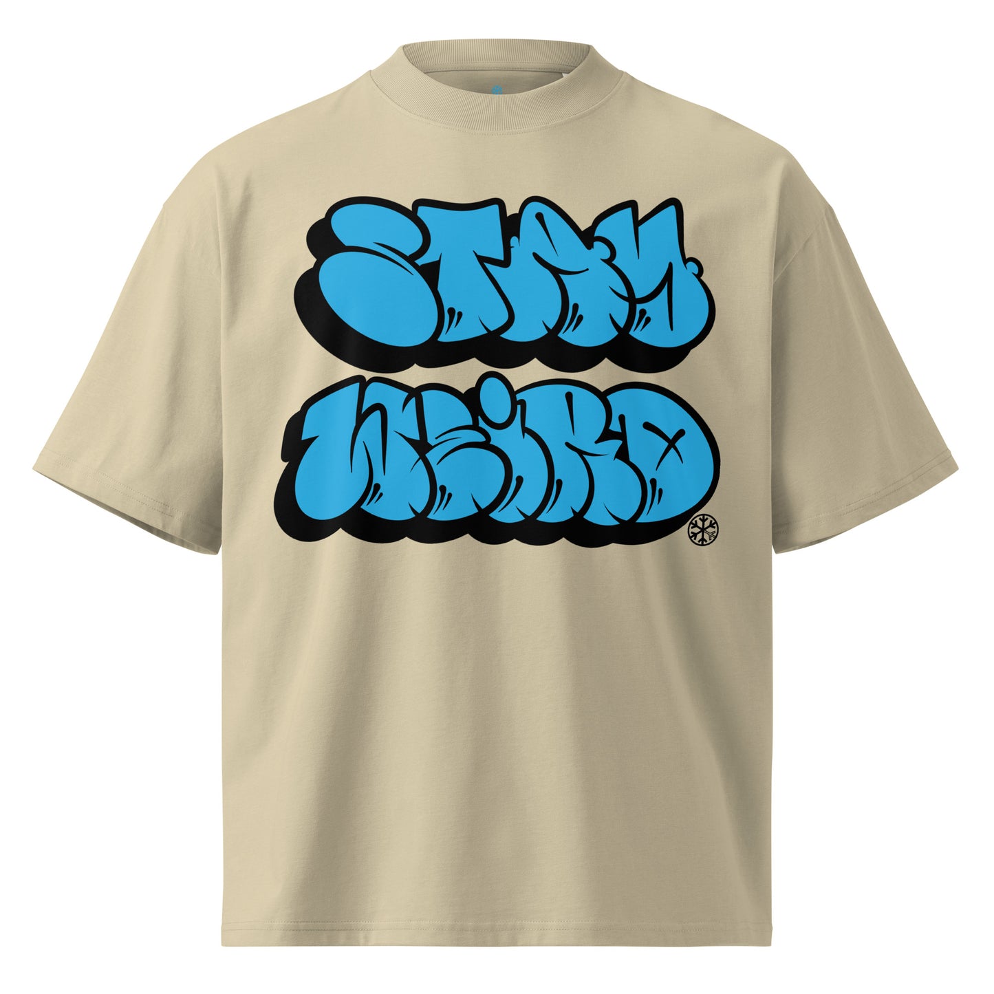 Beige-Stay Weird Graffiti Throwie Tee by Monsterinho from B.Different Clothing, front view, graffiti-inspired streetwear, oversized heavyweight t-shirt