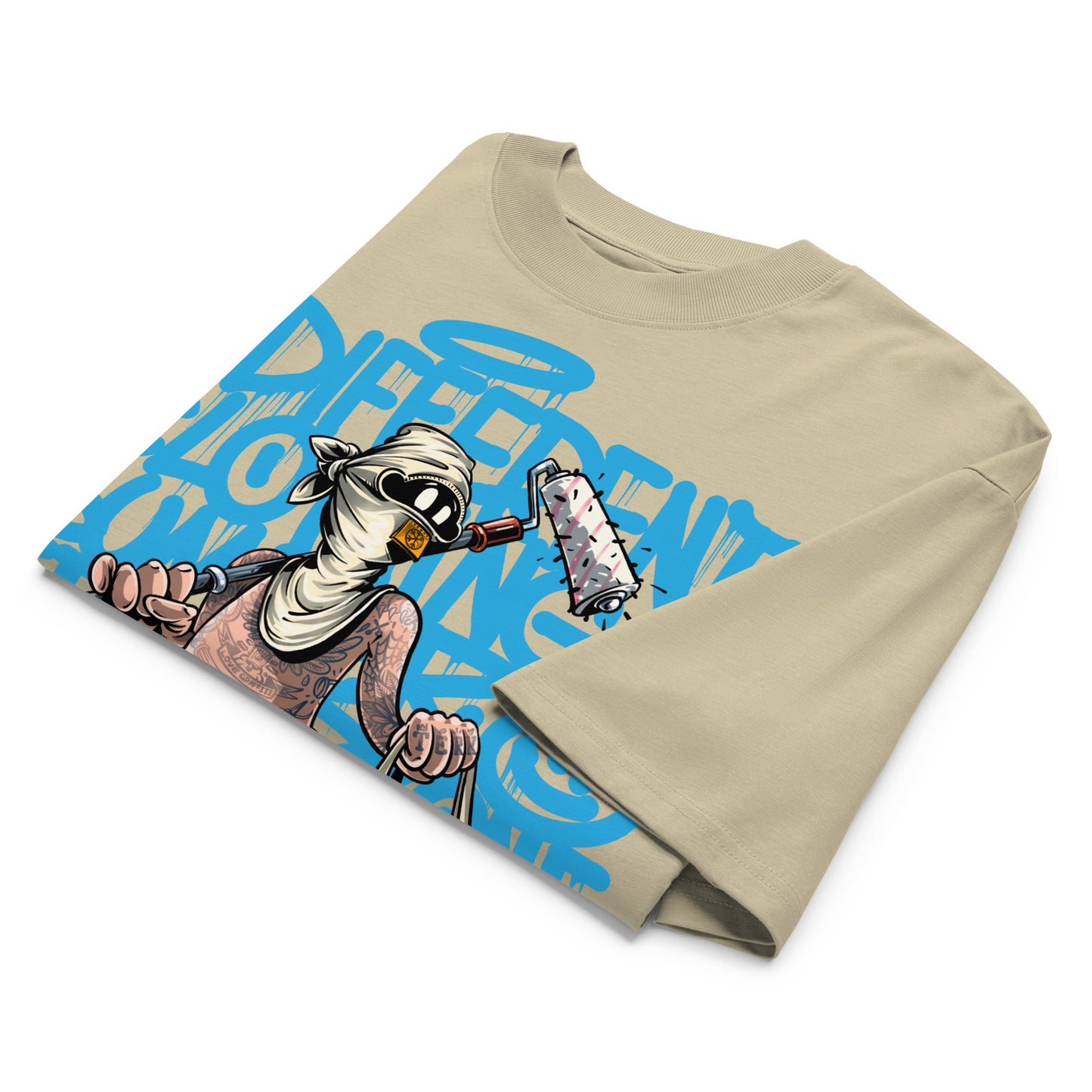 Beige-Summer Graffiti Tee by Trk One from B.Different Clothing, folded, graffiti-inspired streetwear t-shirt