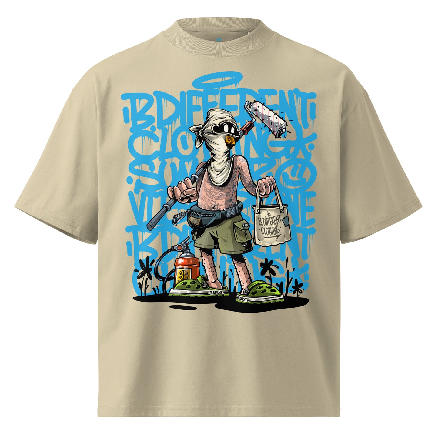 Beige-Summer Graffiti Tee by Trk One from B.Different Clothing, front view, graffiti-inspired streetwear t-shirt