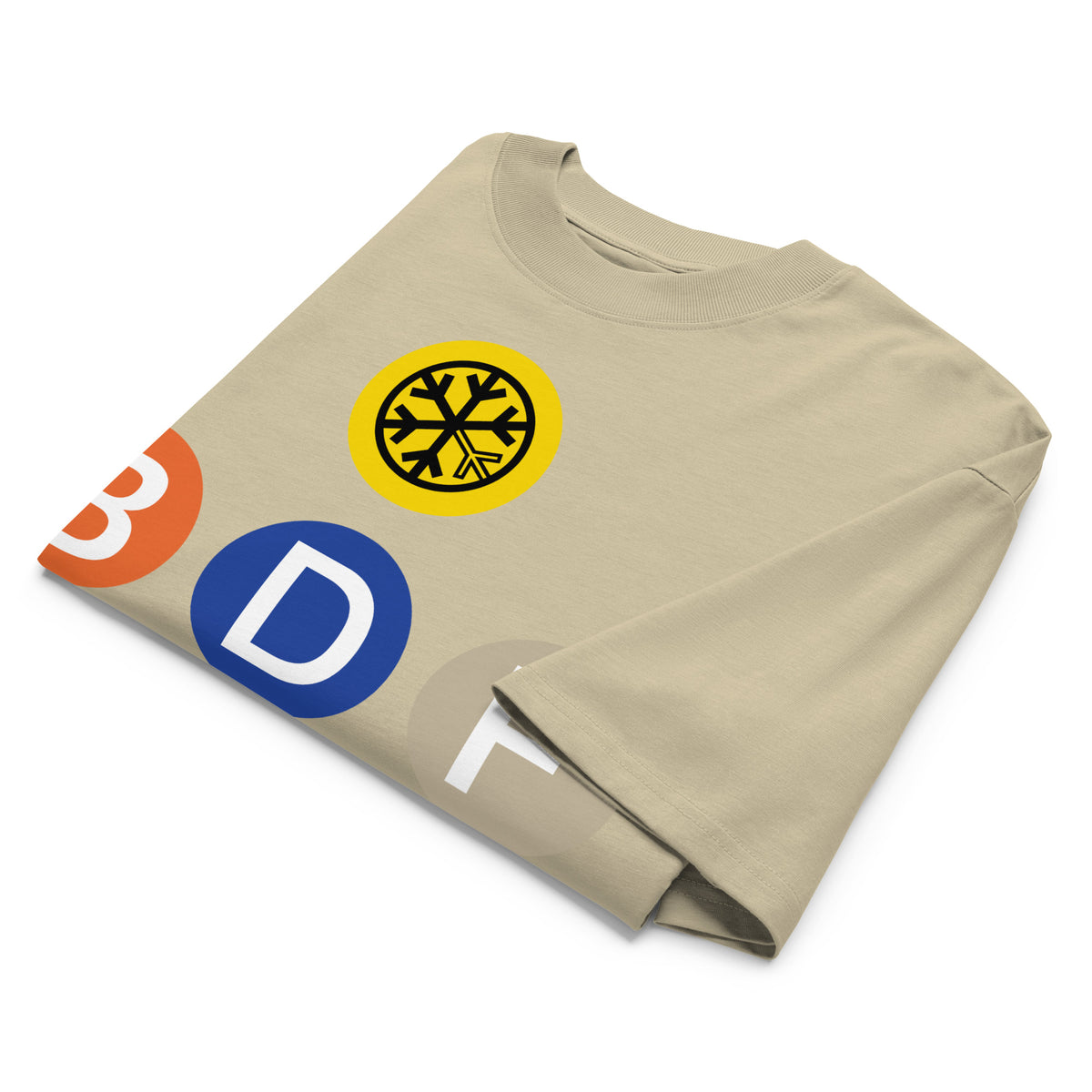 Beige-BDFRNT NYC Subway Tee from B.Different Clothing, folded, graffiti-inspired streetwear