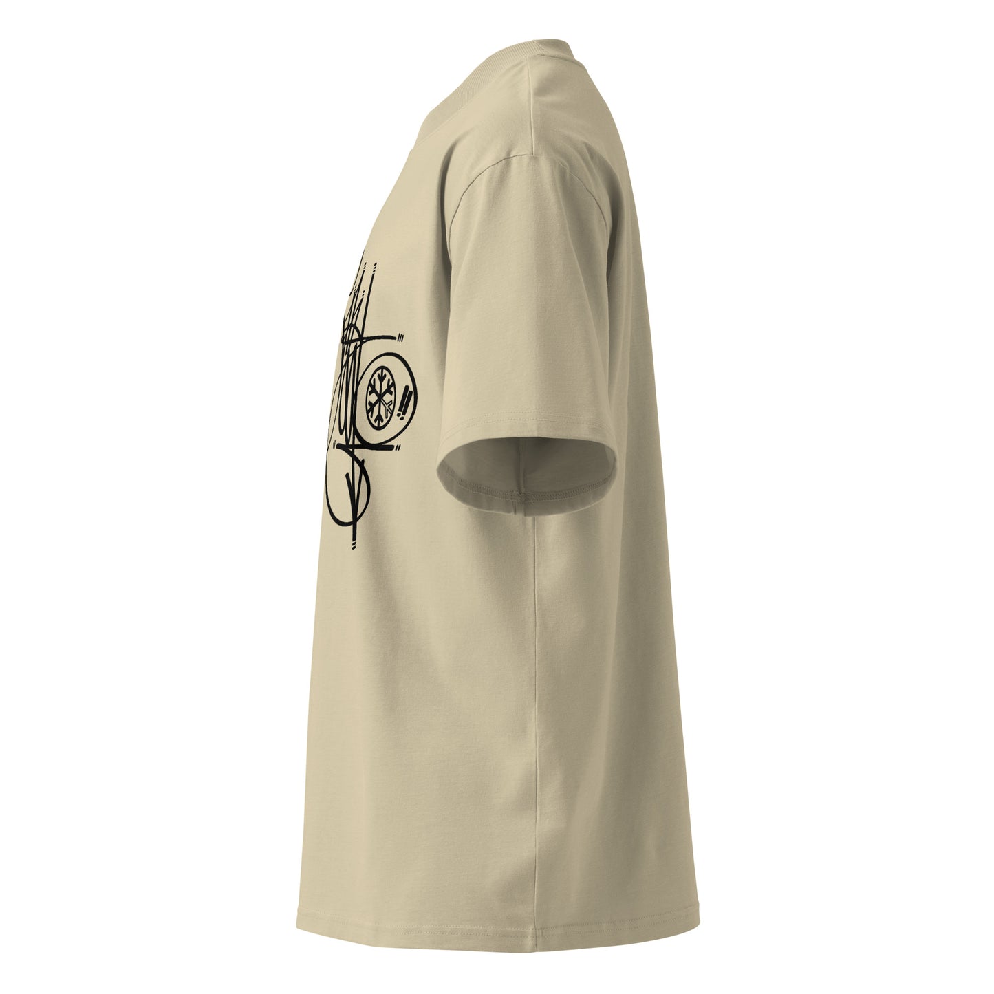 Beige-Misfit Tag Tee by Graffiti Dad from B.Different Clothing, right view, graffiti-inspired streetwear, oversized heavyweight t-shirt